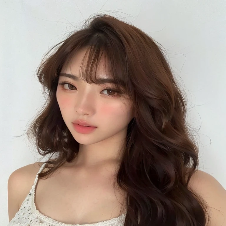 Close-up of woman with long brown hair wearing a white shirt, Lalisa Manubal, brown hair With explosions, Curtain explosions, Bangs and wavy hair, Brown hair and bangs, Fluffy bangs, With explosions, neat hair With explosions, Brown explosions, brown long hair With explosions, Asian Face, long hair With explosions, Yangon Chength, Xisunwoo and beautiful eyes