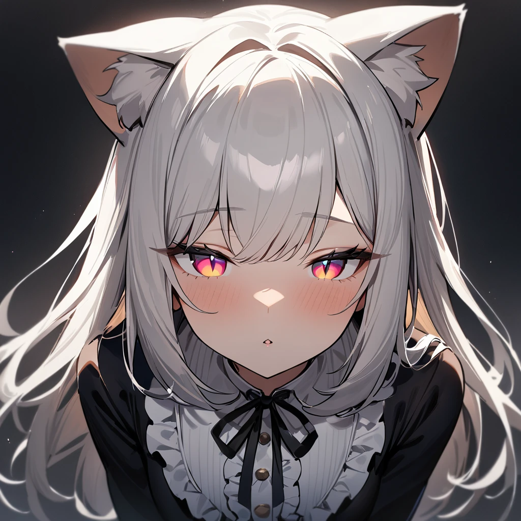 1girl,Cat ear,Slit pupil,masterpiece,best quality, very aesthetic,absurdres,highlight,center frills,cat ear,medium shot,looking at viewer,half closed eyes,front view,Parted lips,kiss,Dutch angle,straight-on,White hair,arms,imminent kiss