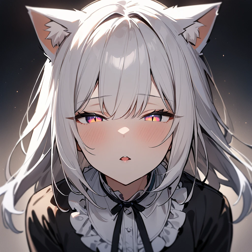 1girl,Cat ear,Slit pupil,masterpiece,best quality, very aesthetic,absurdres,highlight,center frills,cat ear,medium shot,looking at viewer,half closed eyes,front view,Parted lips,kiss,Dutch angle,straight-on,White hair,arms,imminent kiss