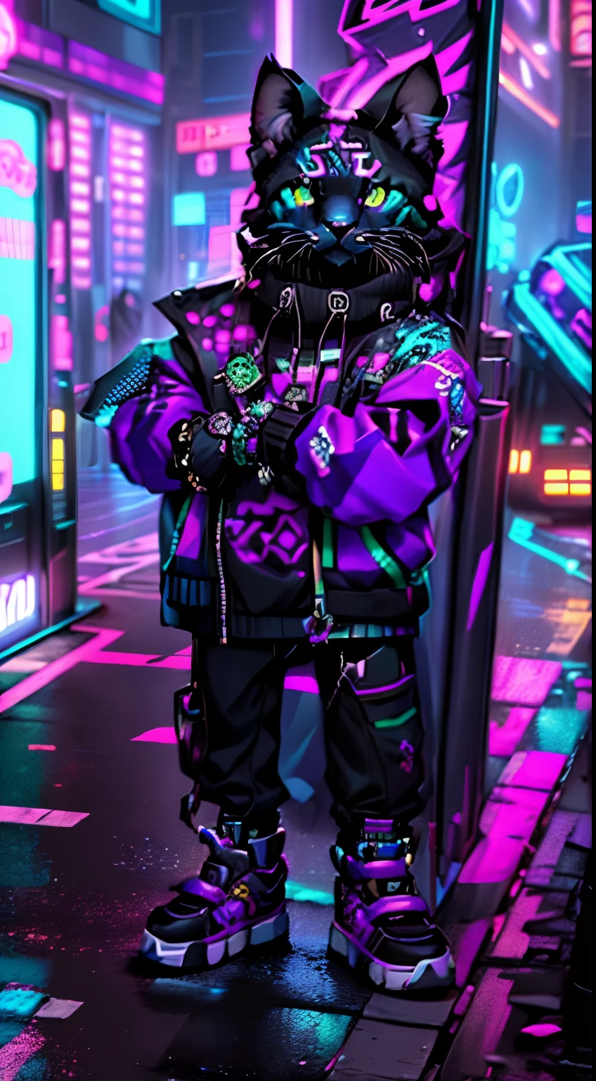 Cartoon black cat in a purple jacket standing next to a vending machine on the sidewalk, Aztec street fashion, Cyberpunk Street Thugs, fursona wearing fashionable clothes, Wearing colorful coogi sweaters, Background jet ground radio, style of jet set radio, whole body!! Extreme details, Screenshot of fashion game, Looks heavy, really detailed, gta chinatowon art style, Green eyes, Wearing spiked collar and bracelets, Mature face, Poker face, Fold arms, Cyberpunk, Pixel Art, high quality, ccurate, high quality, ccurate