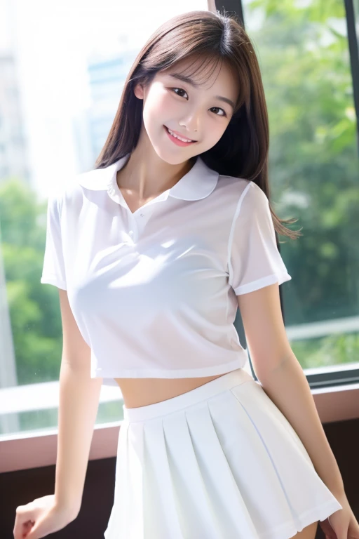 highest quality ((Real beautiful girl)) Talented Girl (Cute face) Idol Balear White blouse bottomless White panties uniform Skirt flip Beautiful Skin whole body Small breasts Short smile Slim figure