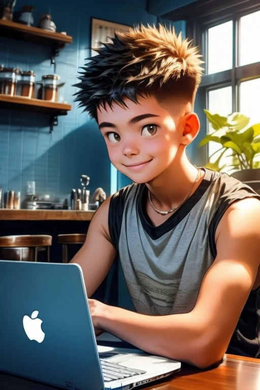 1boy, 18years old, laptop, in a cafe, Wearing a T-shirt, sleeveless, smile, Woody interior with lots of plants, early morning, Short spiked hair, crew cut hair, Cute, Young, Asian,