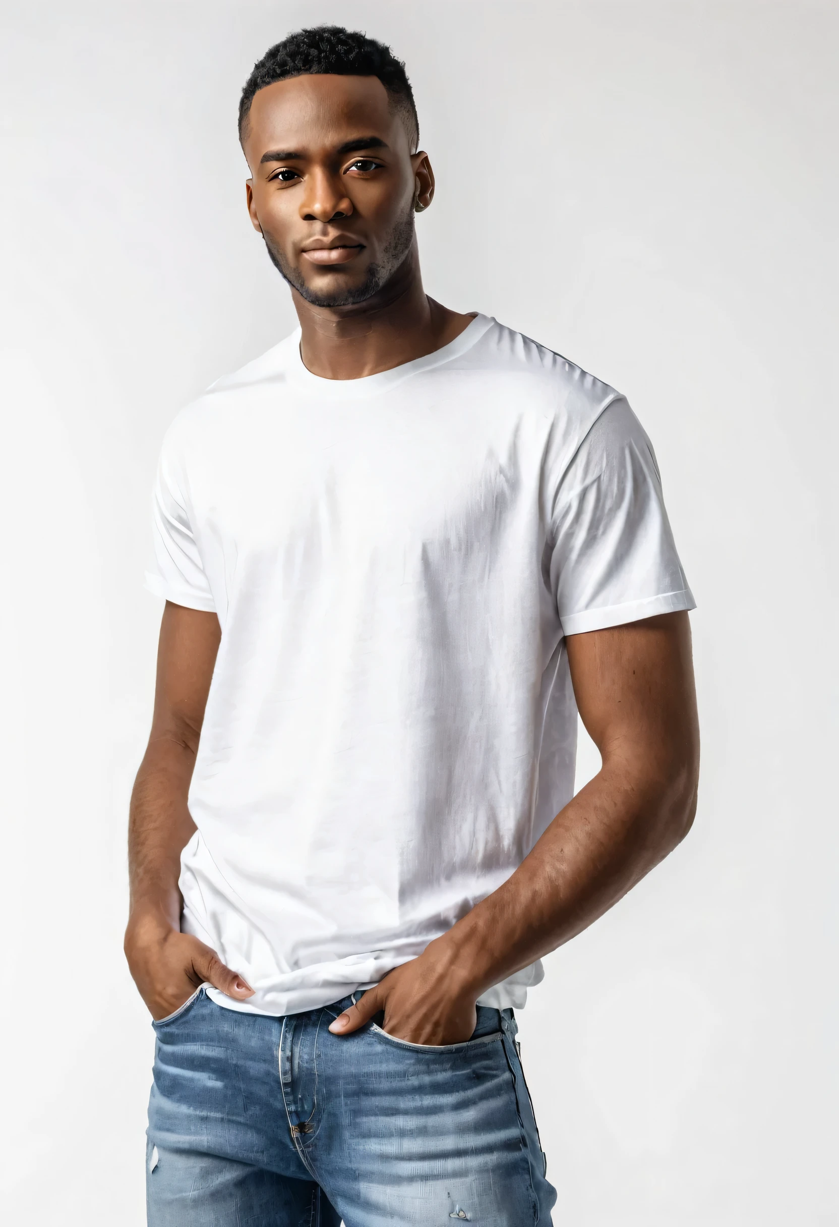 A black male model,Standing in front of the camera,front,Wearing a white T-shirt,Realistic,White studio background,full-body shot,wear jeans,