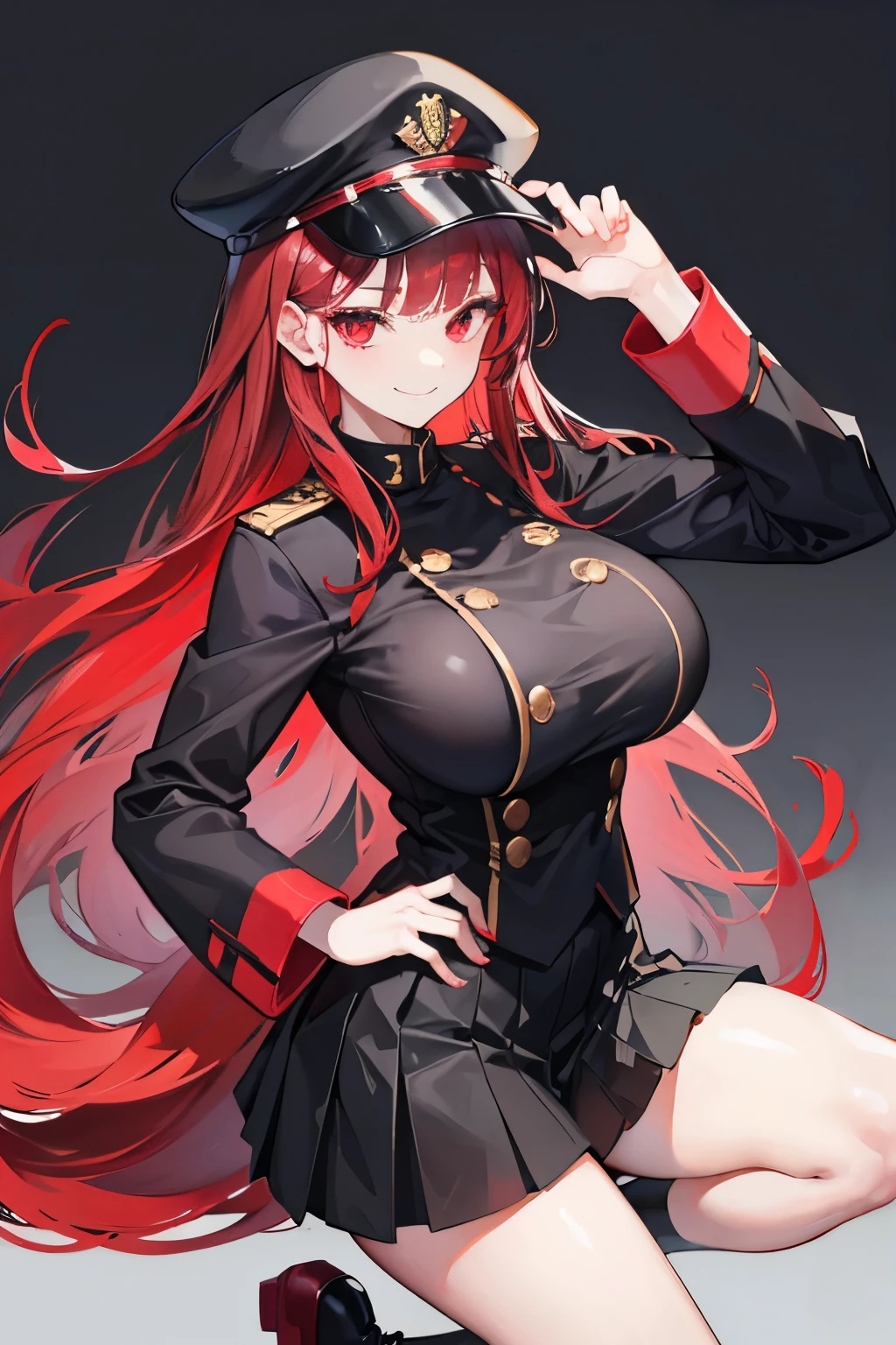 One female, wearing a uniform and a hat, black skirt, red eyes, long red hair with bangs, smiling seductively, big breast