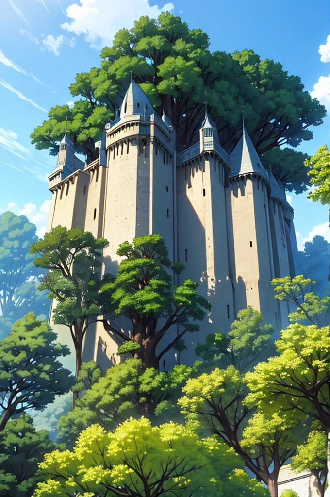 Trees in a spacious place, um castelo no fundo . animation style, 2D