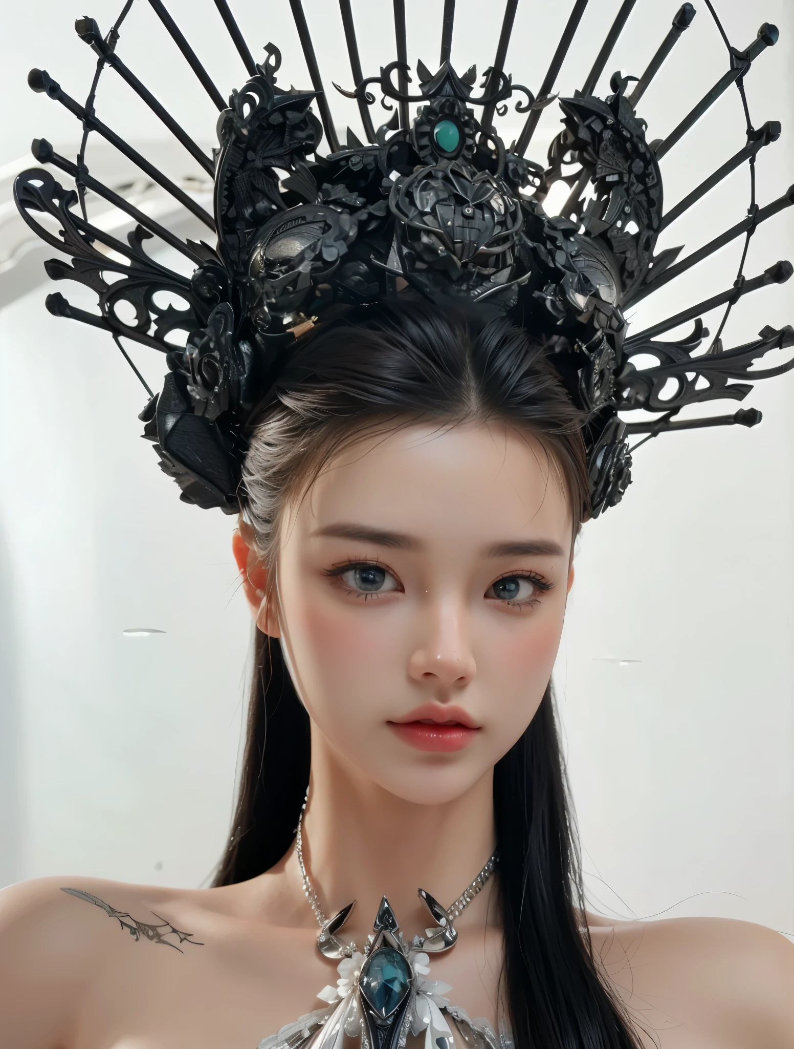 Game Art，CG Animation，Best image quality，Maximum resolution，8K picture quality，(A bust photo)，(portrait)，(Head close-up)，(Rule of Thirds)，Unreal Engine 5 rendering works，20 year old girl，((Queen))，The eyes are very detailed，(Large Breasts)，Elegance and nobility，Light，Light线追踪，Game CG，((3D Unreal Engine))，OC rendering reflection mode，4k，Ultra-clear，Translucent lace，Fair and plump figure，Pretty Face，Light泽凝胶涂层，身着华贵礼服的Queen，Gorgeous clothing，Colorful makeup，Gorgeous Demon Crown，