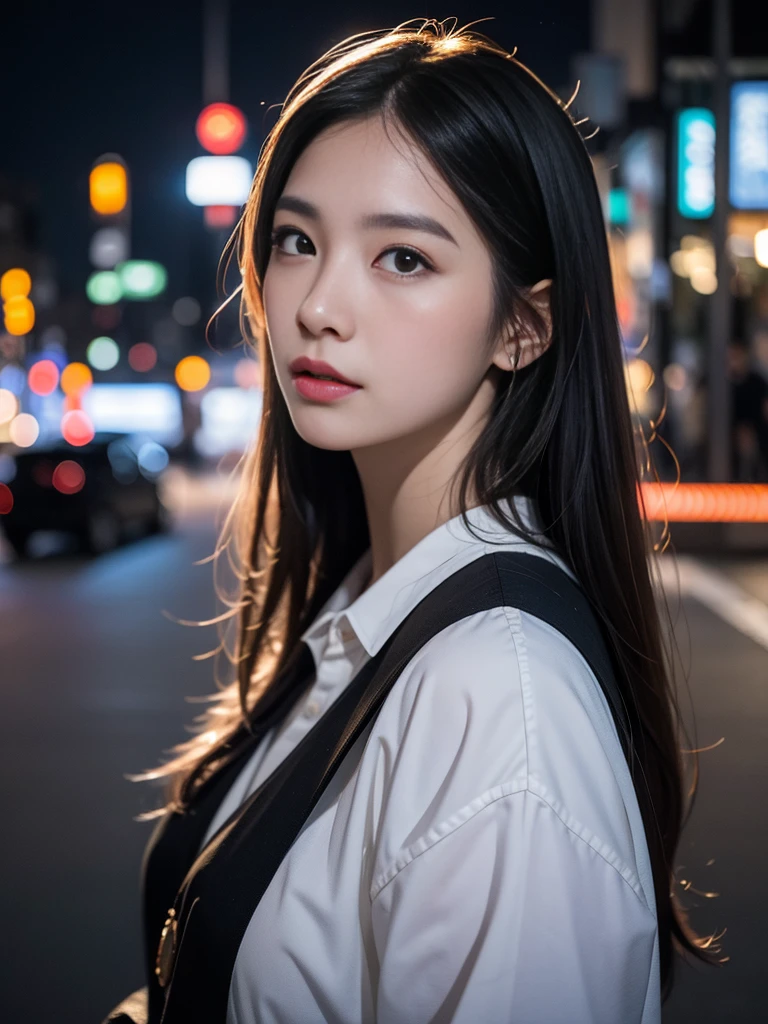 1 girl, Tokyo streets,night, city View,city lights, Upper body,close up, 8k, original photo, best quality, masterpiece,actual, photo-actual,