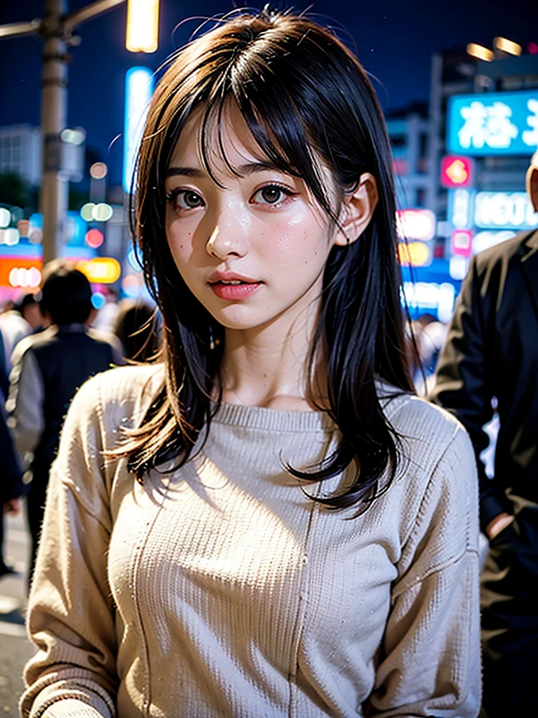 1 girl, Tokyo streets,night, city View,city lights, Upper body,close up, 8k, original photo, best quality, masterpiece,actual, photo-actual,