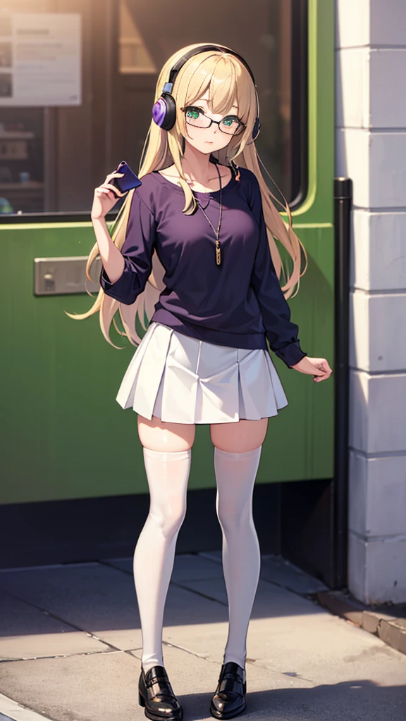 ((Full body, best quality, highly detailed)) 1girl, blonde, long hair, green eyes, medium breasts, glasses, casual clothes, purple shirt, white skirt, thighhighs, pendant, she's listening music with headphones