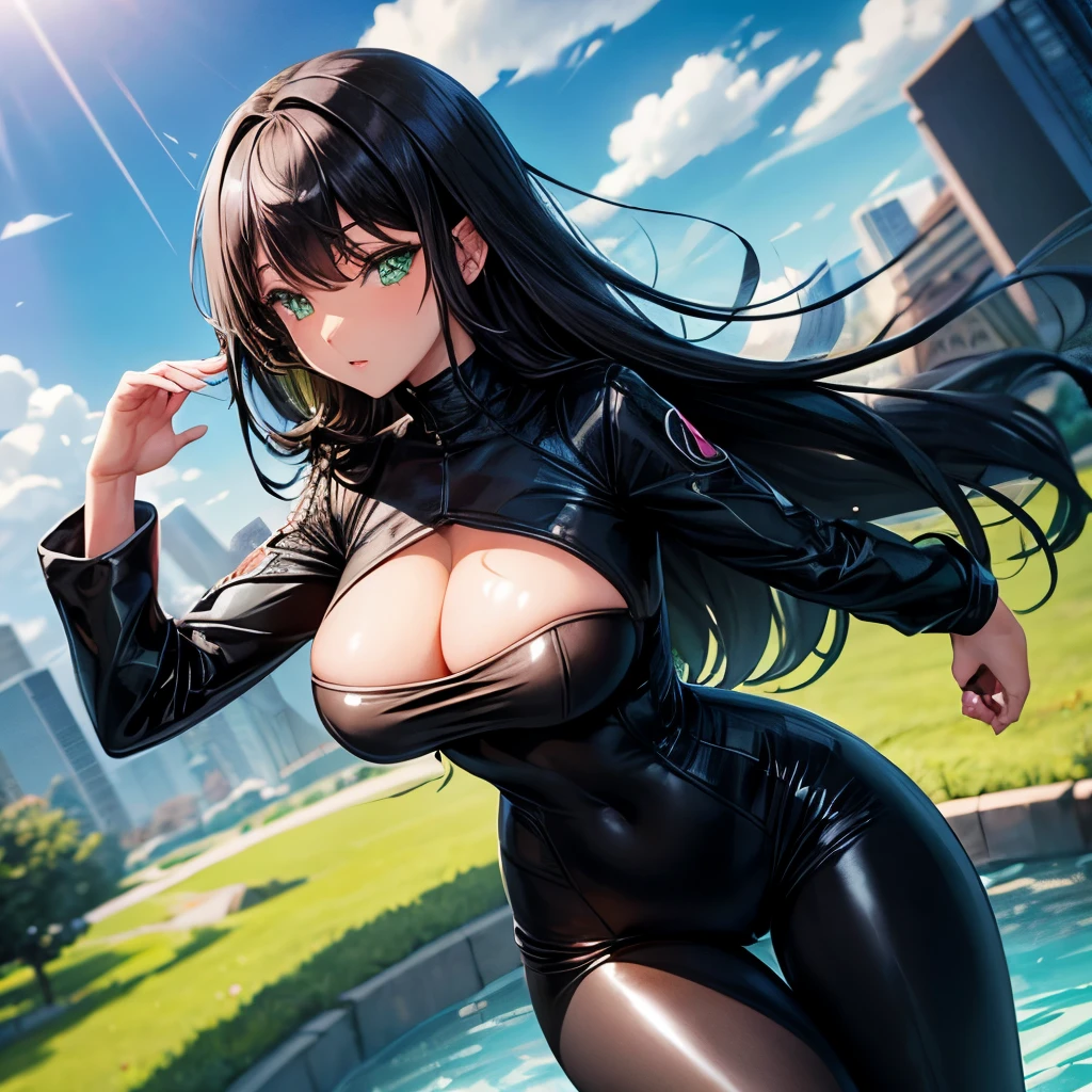 Female, voluptuous, full black skintight bodysuit with green trim, black hair, green eyes, starship
