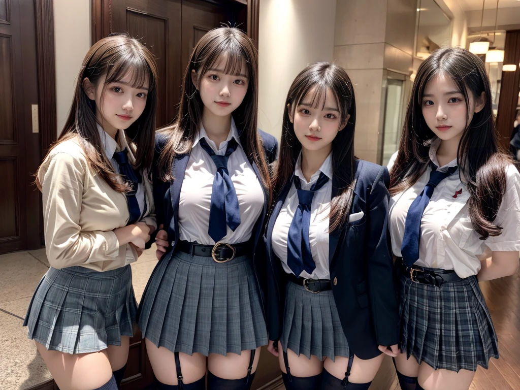(8K, Raw photography, top-quality, masterpiece:1.2), master piece, best quality, illustration, Super detailed, fine details, High resolution, 8K,wall paper, perfect dynamic composition,(Details High quality, realistic depiction of eyes:1.3), ((2 girls, 2 schoolgirls)), The background is a luxury hotel room、High school girl uniform、blazer 、Super Short Check Uniform Skirt、Navy blue high socks、garterbelts、Colossal tits、Disturbed uniform, Play with each other,Touching each other's bodies,Touching the body of the girl next door, short bob hair, black hair color, huge breasts, Big Natural Color Lip, bold sexy pose, (perfect body shape), crying a little、cold gaze, Beautiful makeup,glitter makeup,Cutest 18 years old, beautiful legs, hposing Gravure Idol, Voluptuous thighs