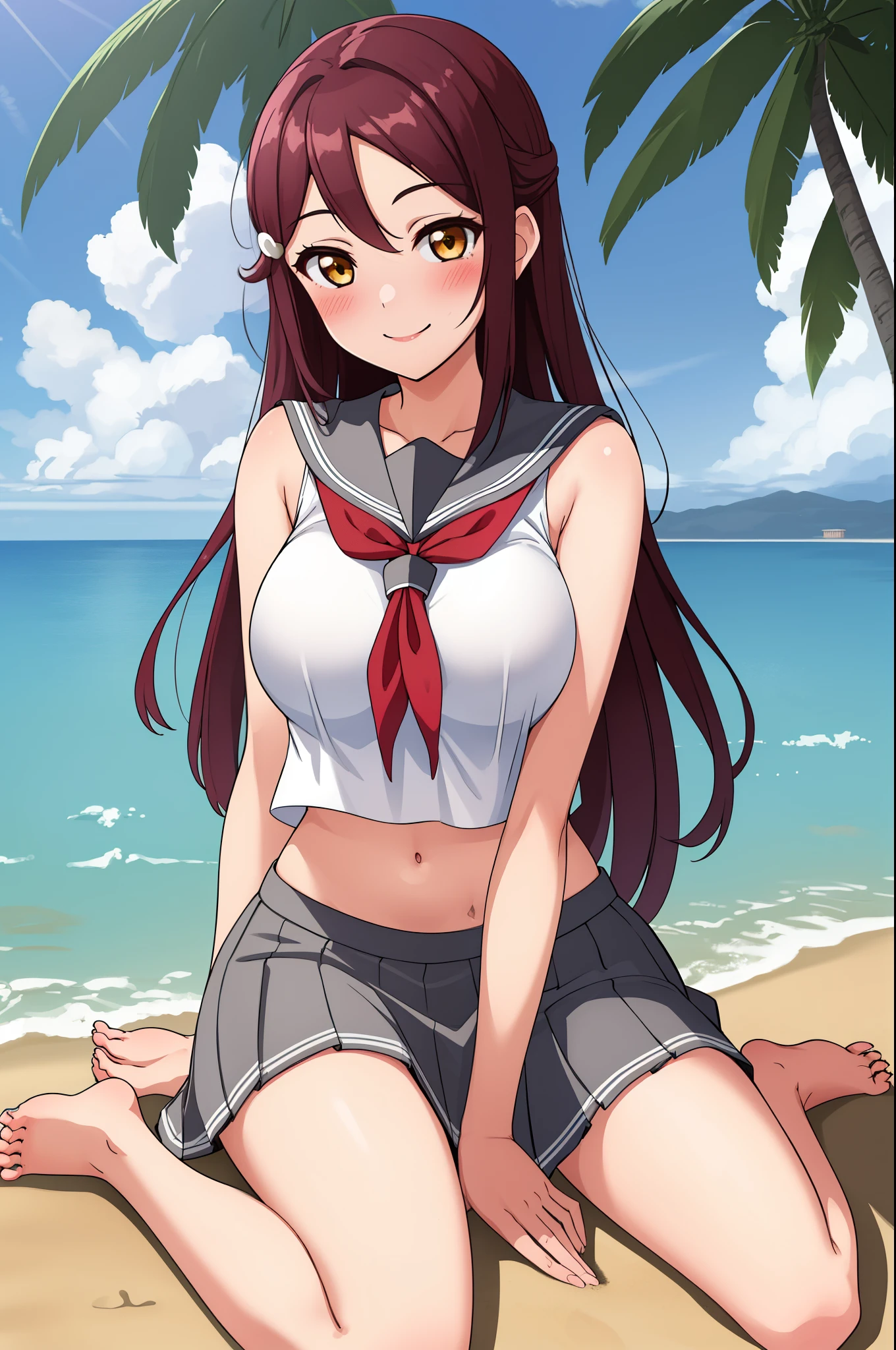 Masterpiece, best quality,solo,Sakurauchi riko, long hair, blush, smile, skirt, sitting, sleeveless, pleated skirt, sitting,wariza, barefoot, serafuku, grey skirt,  uranohoshi ,navel,beach,skin tight,big breasts 