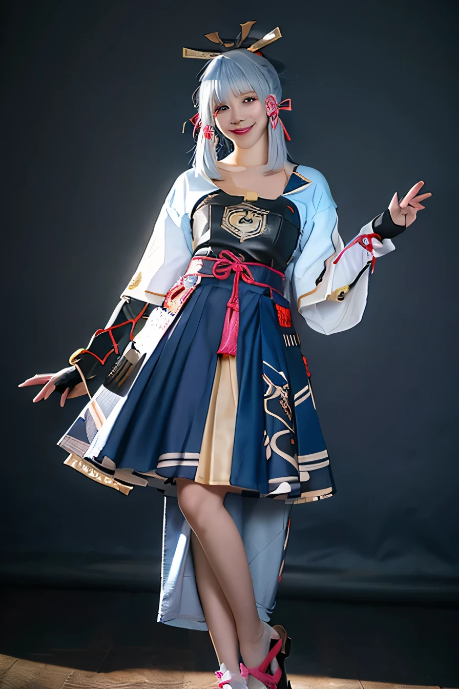 highest quality, masterpiece, Realistic, One girl, alone, Are standing, whole body, View Viewer, smile, Mouth closed, bangs, kamisato Cosplay costume, Cosplay, Light blue hair, Long Hair, ponytail, hair ornaments, ribbon, hair ribbon, kimono, Dress in Armor, Japanese Armor, Arm guard, Fingerless gloves, or, tress ribbon, Sandals, Tassel, Simple Background, 