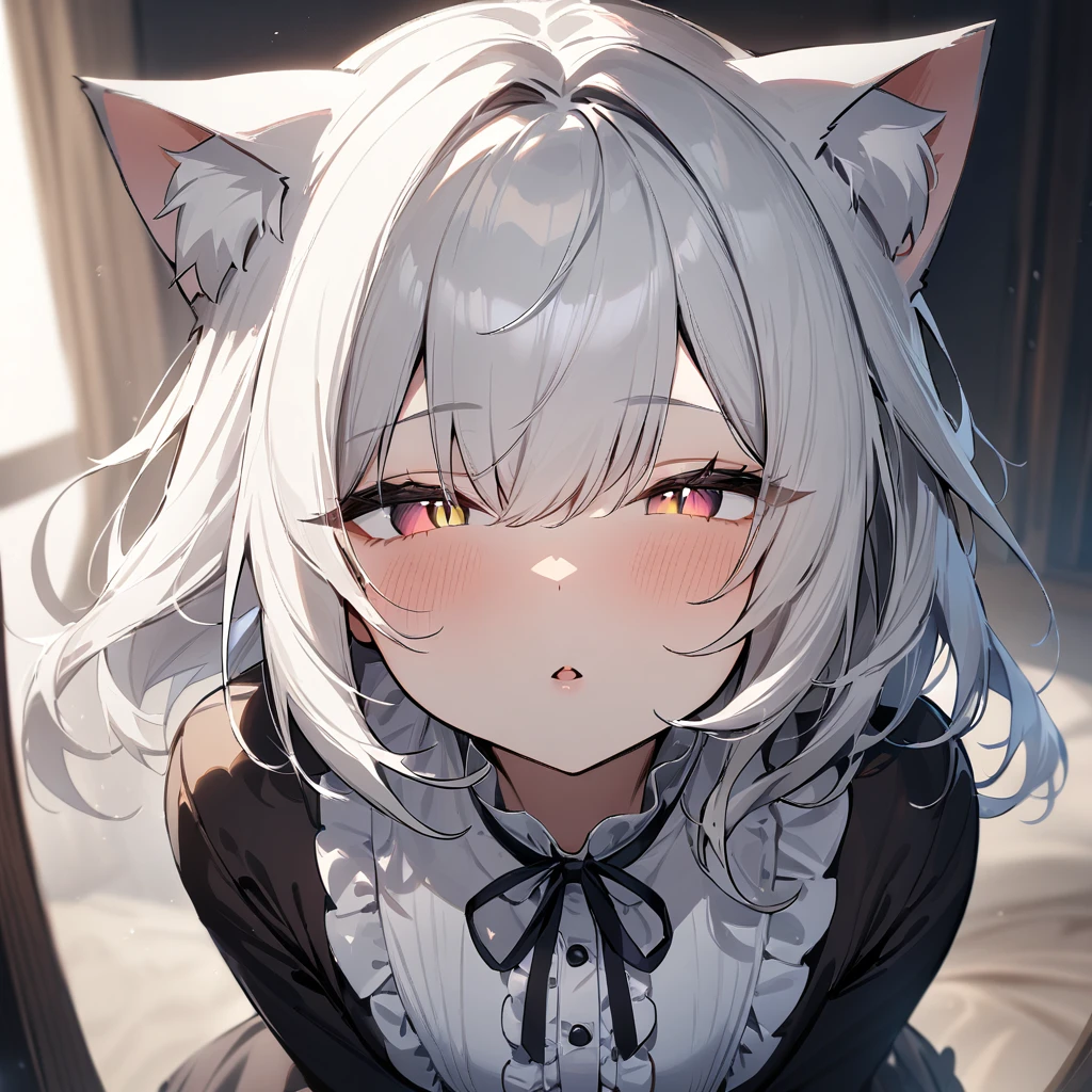 1girl,Cat ear,Slit pupil,masterpiece,best quality, very aesthetic,absurdres,highlight,center frills,cat ear,medium shot,looking at viewer,half closed eyes,front view,Parted lips,kiss,straight-on,White hair,imminent kiss