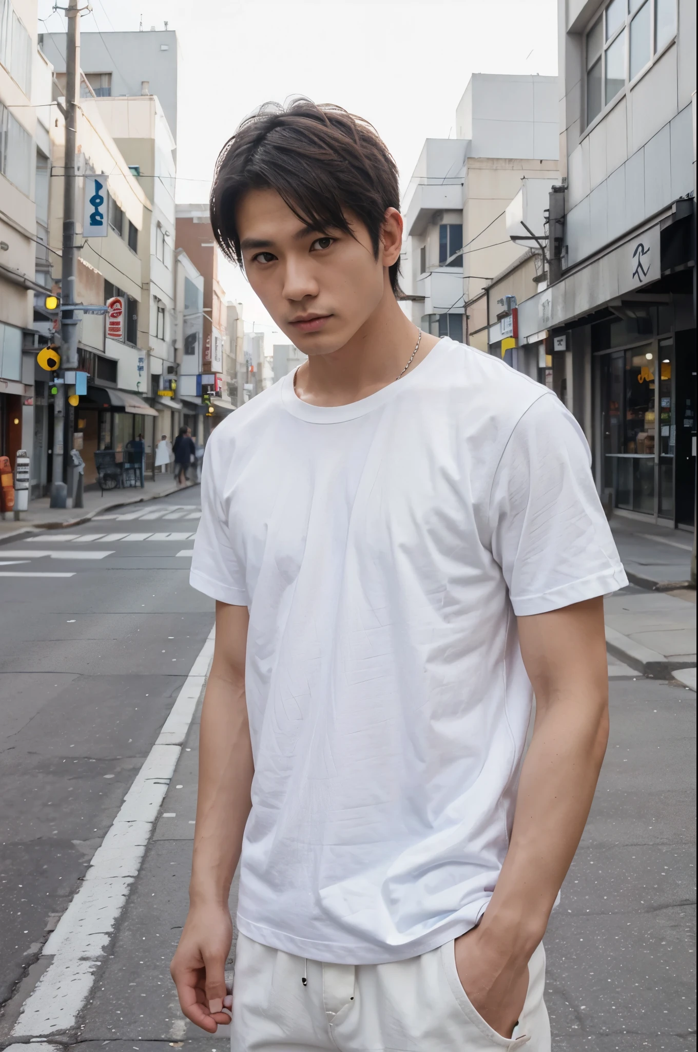 Japanese male model, white loose cotton T-shirt, with a city commercial street in the background, (facing the camera), trendy and fashionable