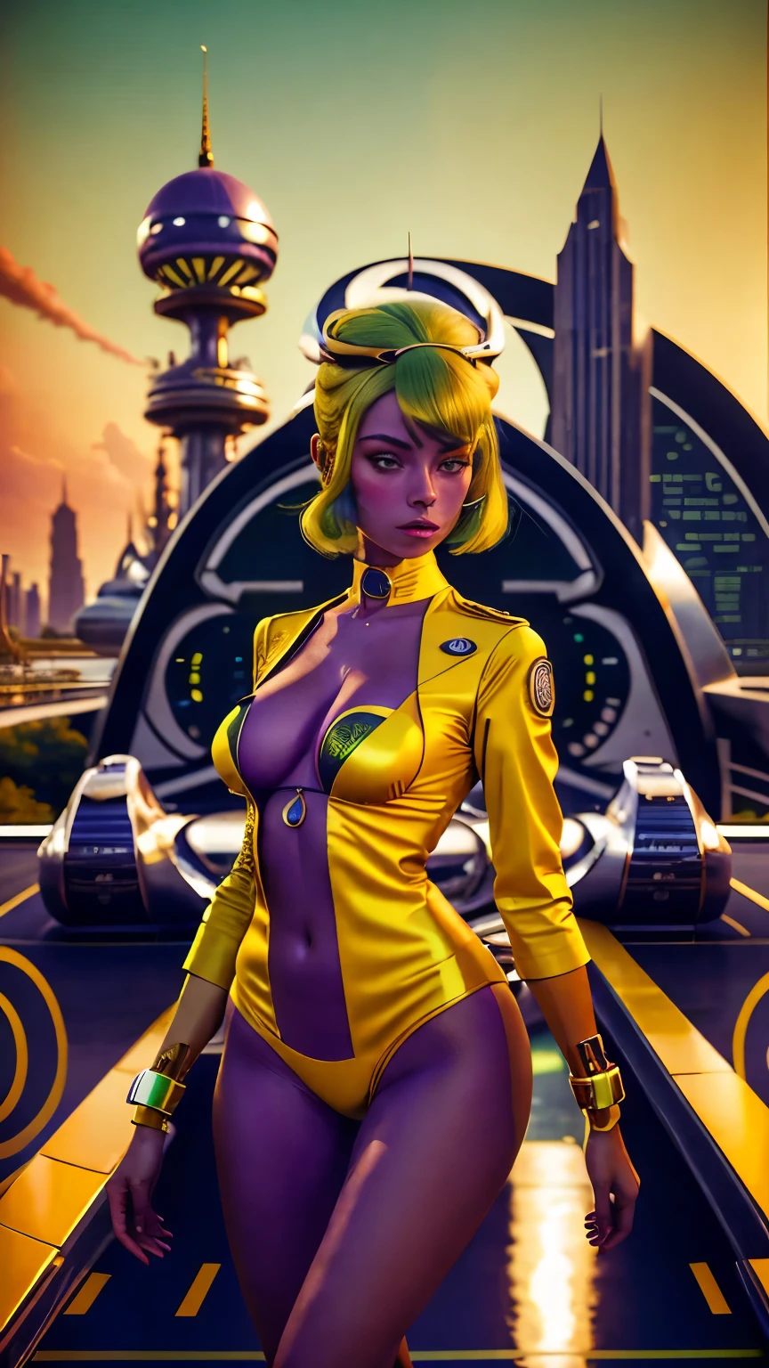 A photorealistic portrait of a 20-year-old European woman with purple skin, green hair, and yellow eyes, wearing a retrofuturistic bikini, full body shot, high detailed, 8k hdr, with a focus on the unique skin, hair, and eye colors. She should exude confidence and elegance in her posing, with a futuristic cityscape in the background.