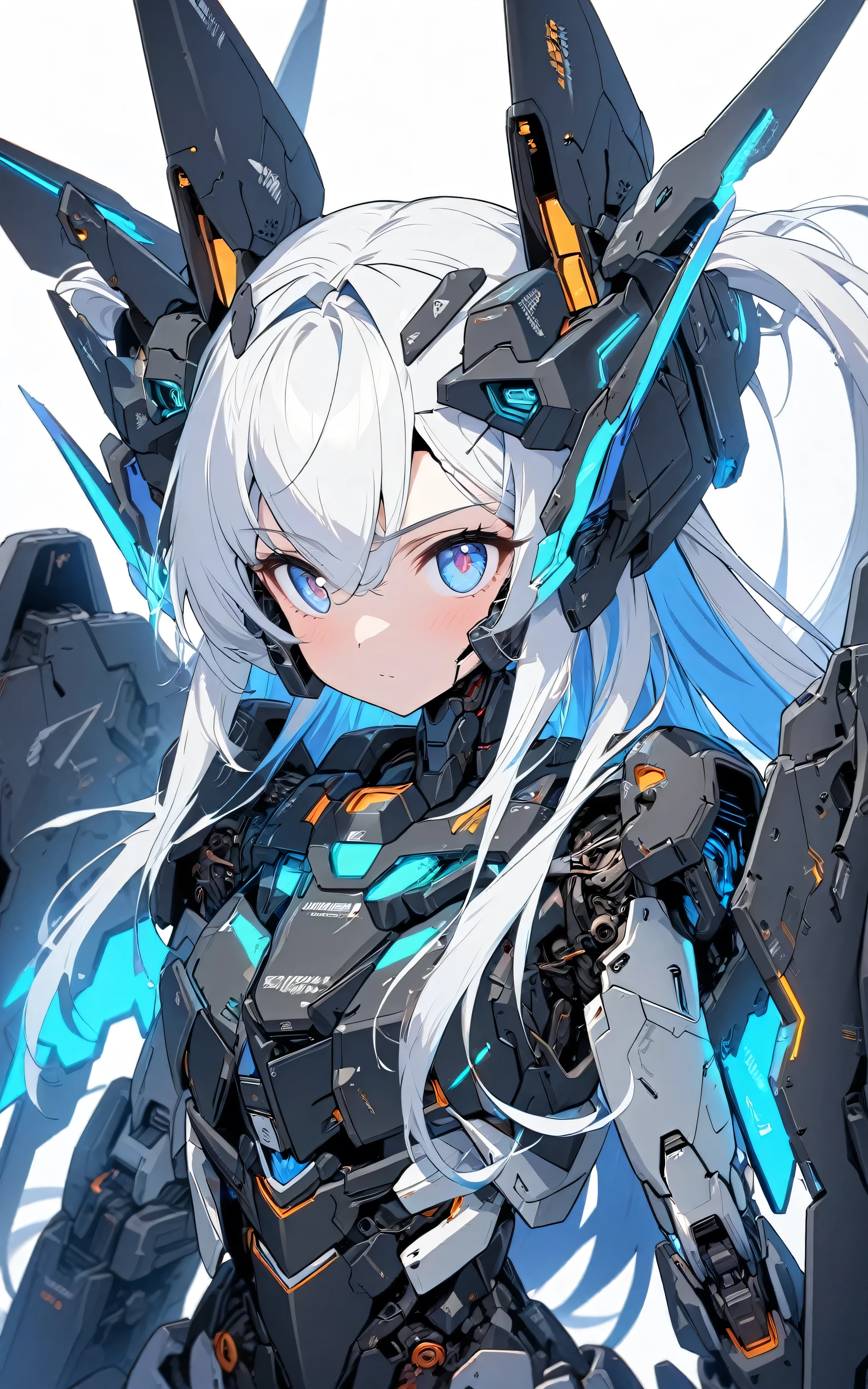 [(WHITE BACKGROUND:1.5)], (((masterpiece))), (upper body), 1girl, ((cyborg girl)), solo, white hair, long hair, Blue inner hair, Blue eyes, science fiction, (mecha musume:1.5), mechanical parts, headgear, mechanical wings and tails, ((mechanical Black HeavyArmor)), ((neon light Blue)), Anime style