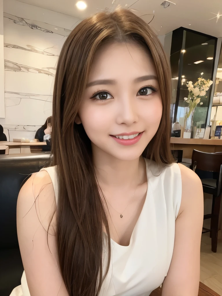 A beautiful Japanese shy girl, long brown hair, brown big eyes, shiny lip, shiny hair, ecstatic expression, in cafe, she is sitting sofa, lanch on the table, The background is very blurry, wearing sleeveless high neck white blouse, 