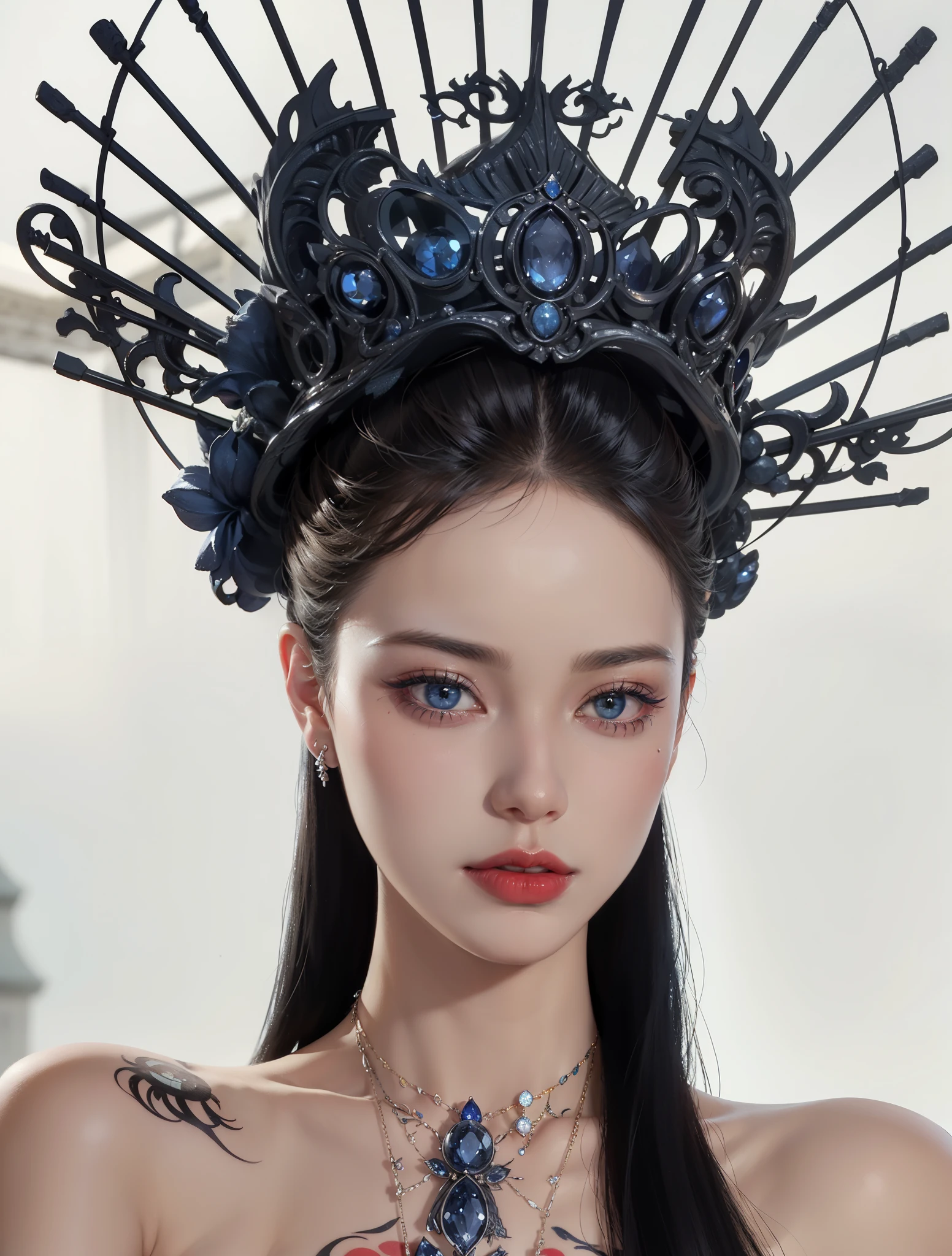 Super detailed, Delicate face, Realistic style, Stock Photography: , rich and colorful, Surrealism, Realistic textures, Dramatic Lighting, Thin Film Distiller 800 (8K, original photo, Better quality, masterpiece: 1.2), Super detailed, (Extremely delicate skin: 1.2), 8K Ultra HD, SLR camera, Soft Light, high quality,Snow Queen,ice castle,Blue pupils,Apply red lipstick,Tattoo goddess,With tattoo pattern,Ultra-clear portrait,apply lipstick,Wearing necklace jewelry,apply lipstick,Wear heavy makeup,The facial texture is very clear,Beautiful tattoos on the body,Deep blue eyes(Sapphire-like pupils),A crown of luxury