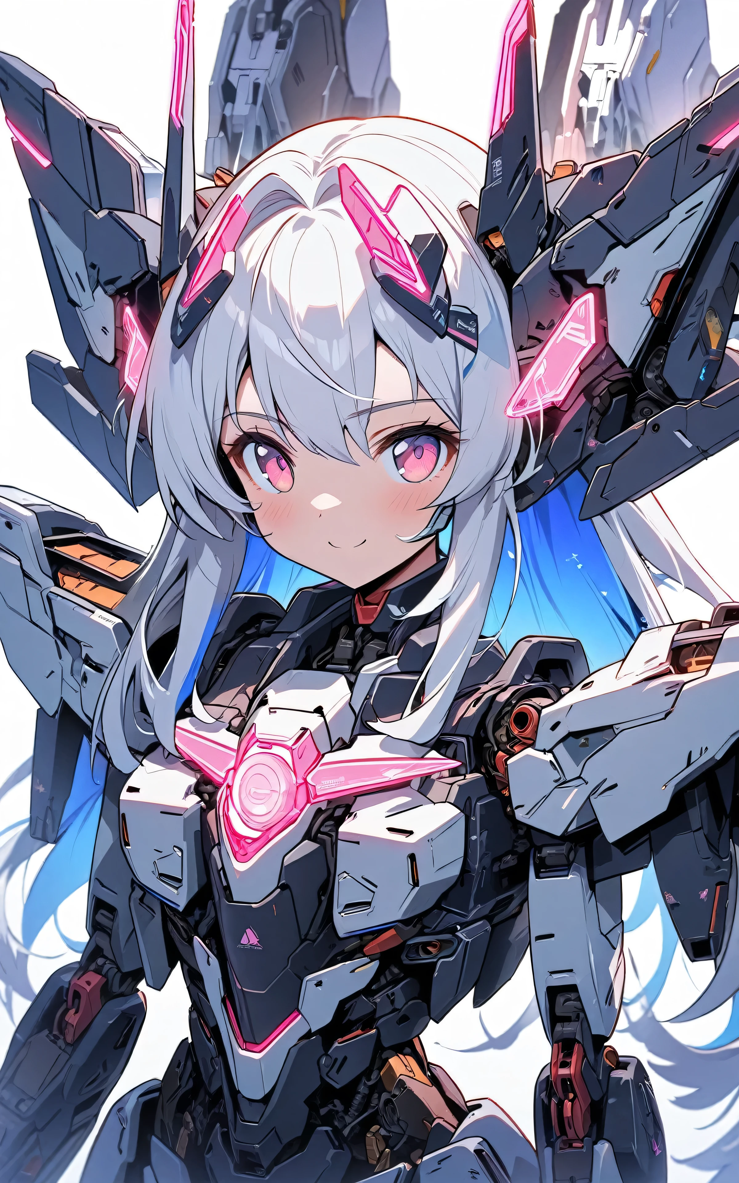 [(WHITE BACKGROUND:1.5)], (((masterpiece))), (upper body), 1girl, ((cyborg girl)), solo, white hair, long hair, Blue inner hair, pink eyes, science fiction, (mecha musume:1.5), ((Assault type)), mechanical parts, Blue headgear, mechanical wings and tails, ((mechanical Black HeavyArmor)), ((neon light pink)), Anime style, smile