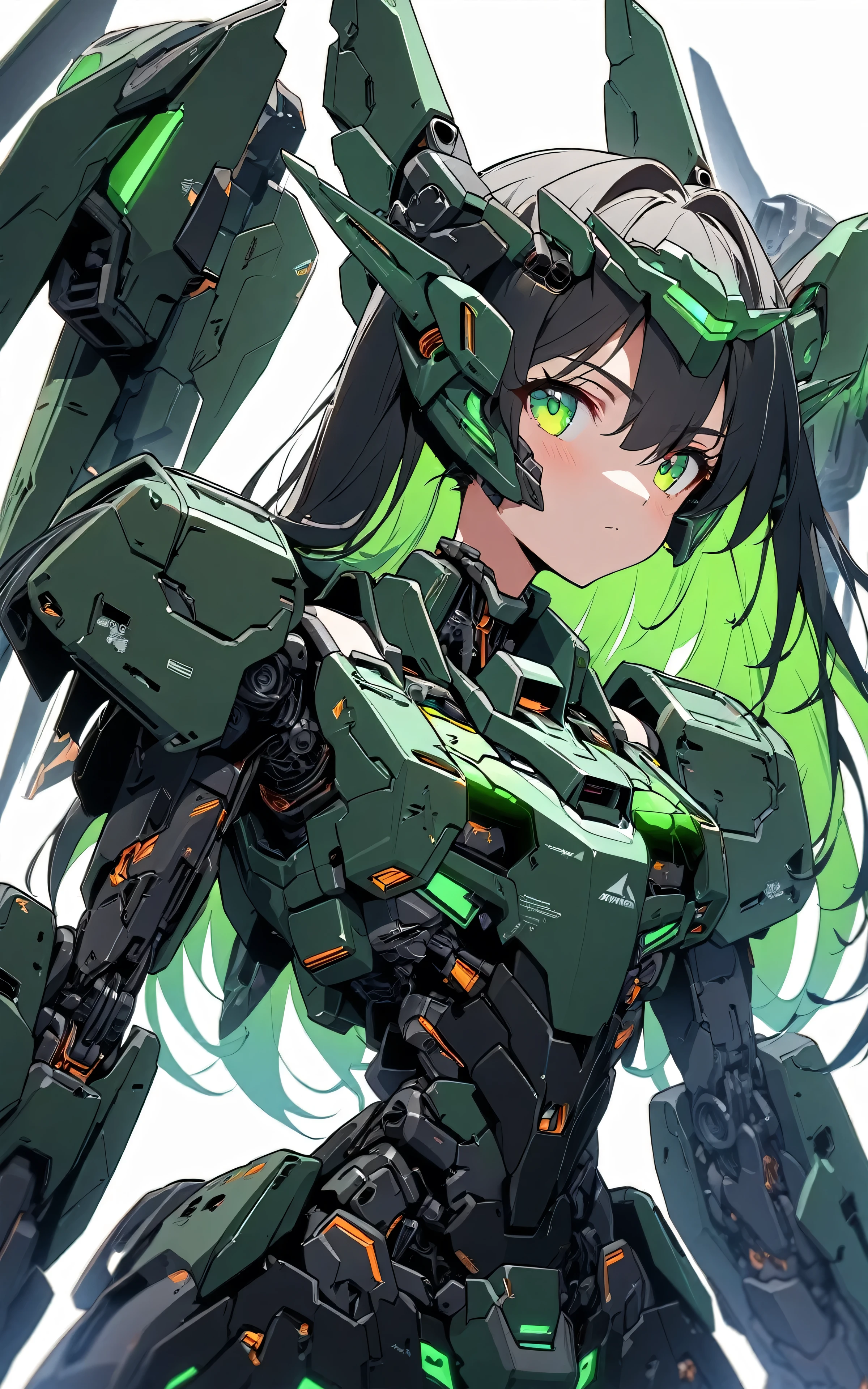 [(WHITE BACKGROUND:1.5)], (((masterpiece))), (upper body), 1girl, ((cyborg girl)), solo, Black hair, long hair, inner Green color hair, Green eyes, tsurime, science fiction, (mecha musume:1.5), ((Assault type)), mechanical parts, Green headgear, mechanical weapons, Mechanical Green wing, ((mechanical Black HeavyArmor)), ((neon light Green)), Anime style