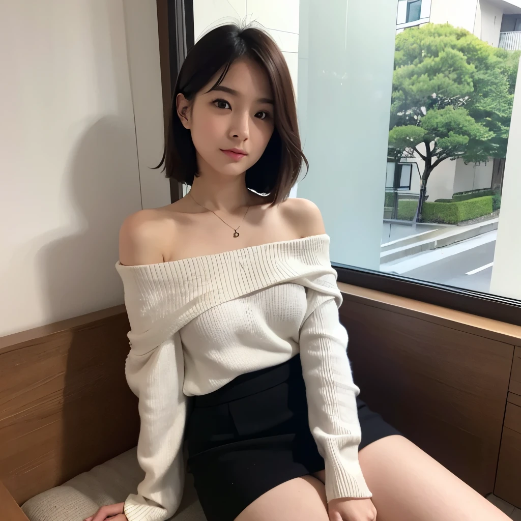 1 japanese women,office,small breasts:1.5,sleeveless knit,off shoulder,tight skirt,slit:1.5,sit