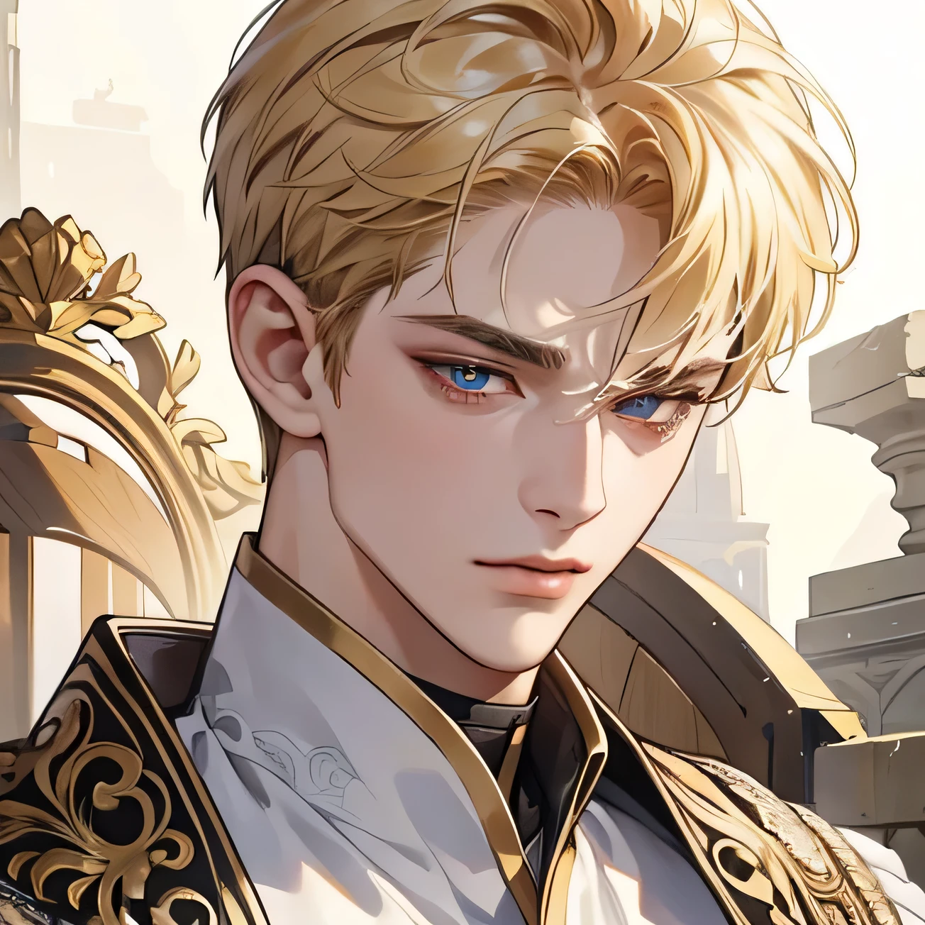 (extremely handsome:1.2), 8K,(masterpiece:1.0),(best_quality:1.0), 1 man, and intricate detailing, Enlarged textures, and intricate detailing, finely eye and detailed face, slightly muscular body, and intricate detailing, shiraga, blonde short hair, (closed mouths), Perfect eyes, tired eyes, red pupils, Equal eyes, carolina eyes (A male god) with white and gold ancient priest clothing