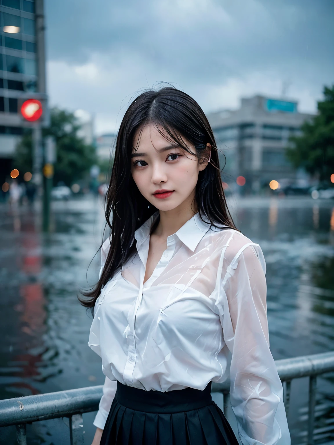 (Leica 10772 M-P, 85mm macro lens, F/8 aperture, film still), (RAW shooting, Photoreal:1.5, 8K, highest quality, masterpiece, ultra high resolution), (((Typhoon heavy rain))), raining, Highly detailed skin and facial textures:1.2, Japanese girl, 18 years old, Fair skin, white skin, (Whole body is floating in the air:1.4), (jumping:1.4), (flying:1.4), (Fly into the air:1.4), perfect style:1.2, water droplets on the skin, (black hair:1.2), random hair, (Bra see-through, Chest gap), (rain drips all over my body:1.2, wet body:1.2, wet hair:1.3), (Wet school uniform:1.3), (struggling, The expression on your face when you feel intense caress, Facial expression when feeling pleasure), (beautiful black eyes, Eyes that feel beautiful eros:1.3)