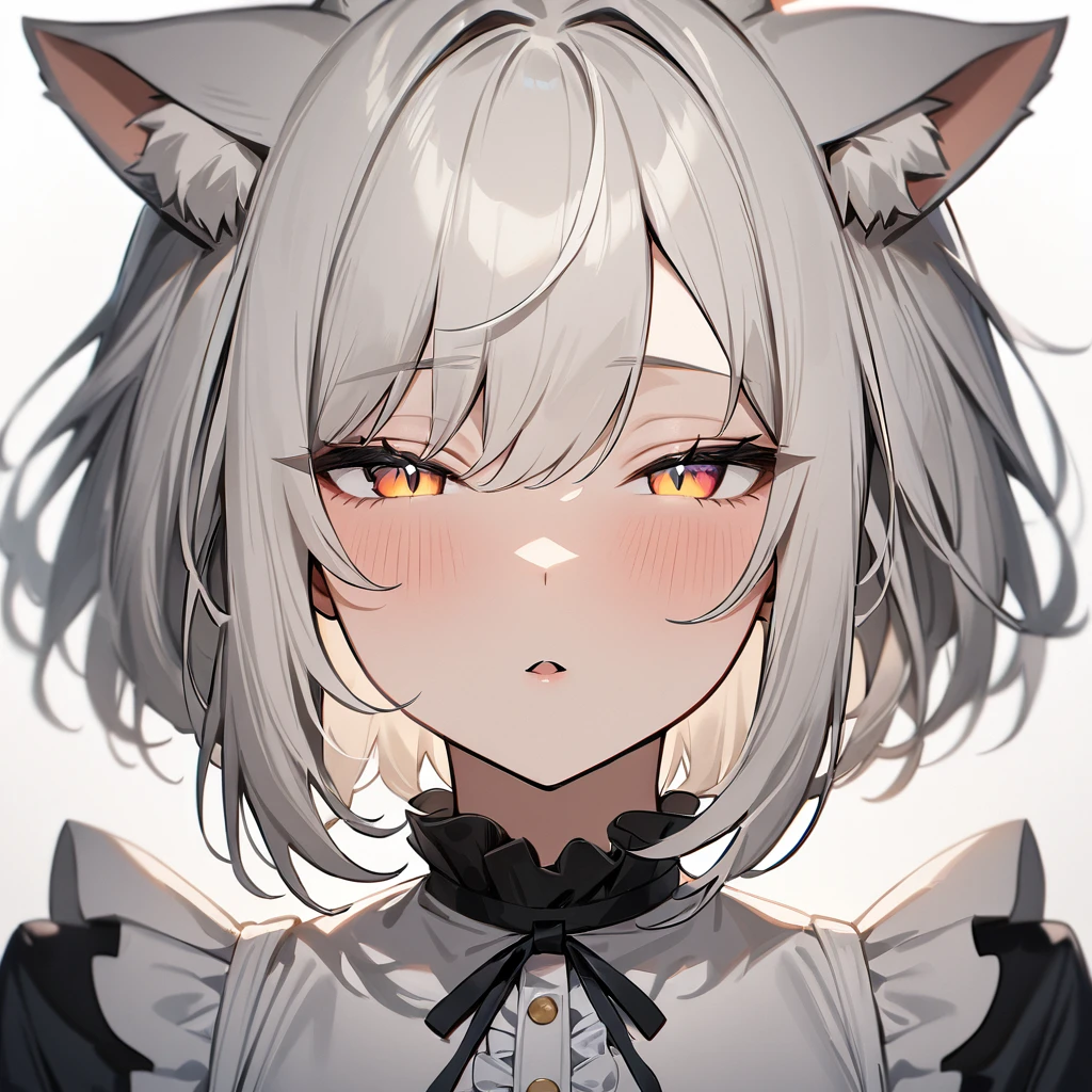 1girl,Cat ear,Slit pupil,masterpiece,best quality, very aesthetic,absurdres,highlight,center frills,cat ear,medium shot,looking at viewer,half closed eyes,front view,Parted lips,kiss,straight-on,White hair,imminent kiss