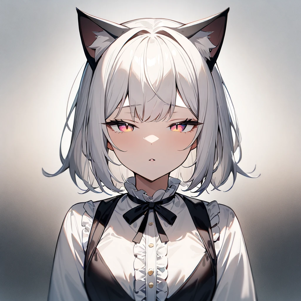 1girl,Cat ear,Slit pupil,masterpiece,best quality, very aesthetic,absurdres,highlight,center frills,cat ear,medium shot,looking at viewer,half closed eyes,front view,Parted lips,kiss,straight-on,White hair,imminent kiss
