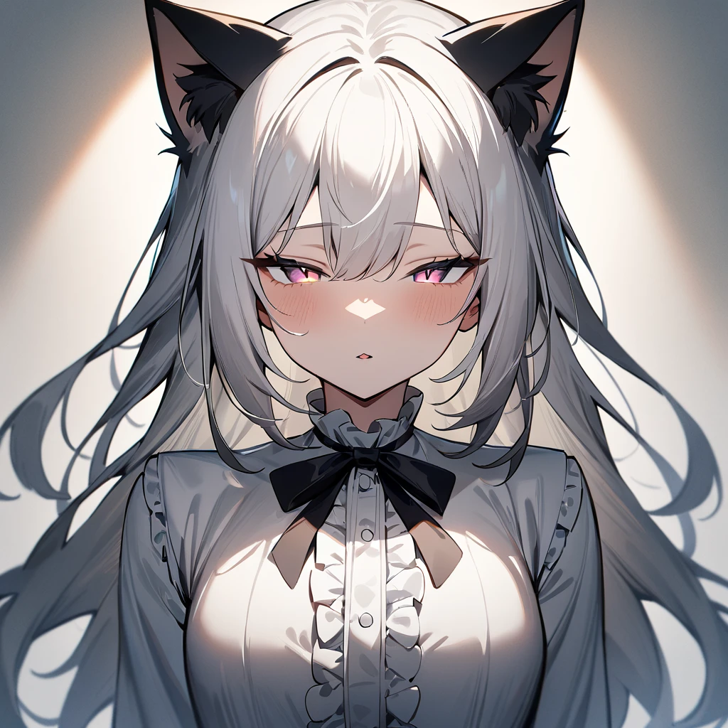 1girl,Cat ear,Slit pupil,masterpiece,best quality, very aesthetic,absurdres,highlight,center frills,cat ear,medium shot,looking at viewer,half closed eyes,front view,Parted lips,kiss,straight-on,White hair,imminent kiss