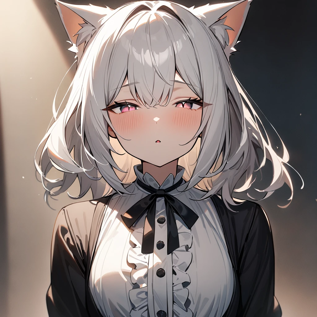 1girl,Cat ear,Slit pupil,masterpiece,best quality, very aesthetic,absurdres,highlight,center frills,cat ear,medium shot,looking at viewer,half closed eyes,front view,Parted lips,kiss,straight-on,White hair,imminent kiss