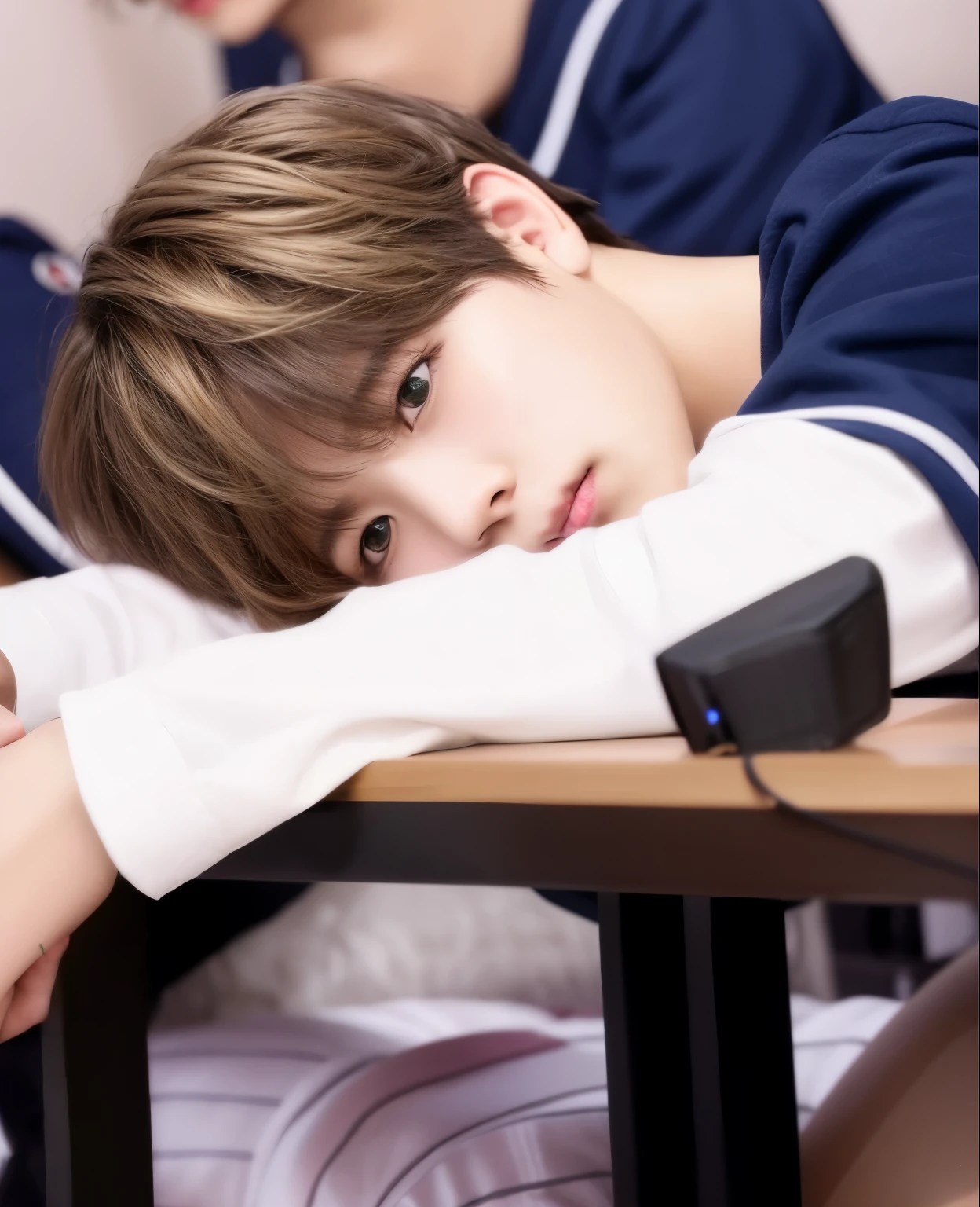 handsome young studant femboy korean, curly blonde hair, green eyes. Idol Seungmin of stz
