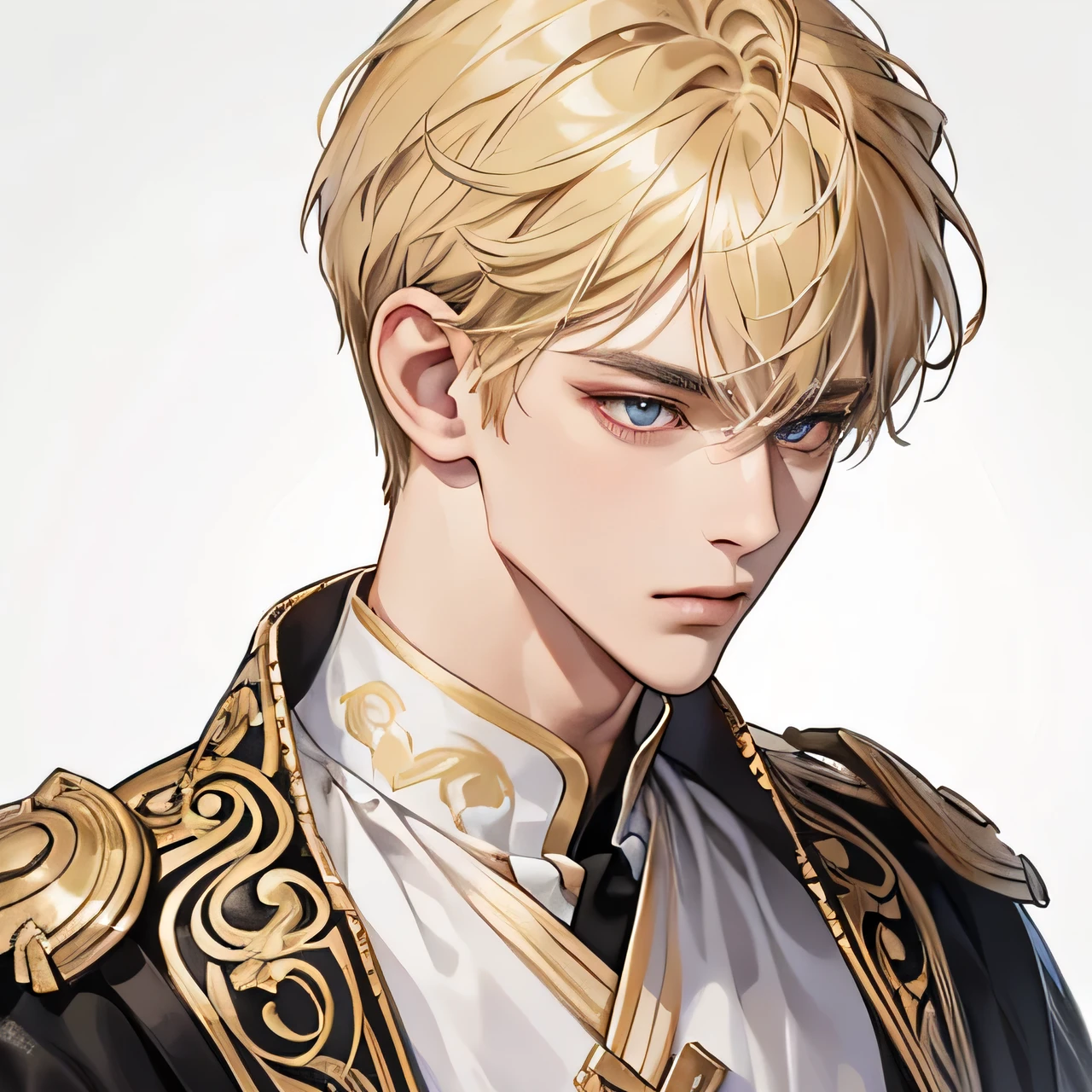 (extremely handsome:1.2), 8K,(masterpiece:1.0),(best_quality:1.0), 1 man, and intricate detailing, Enlarged textures, and intricate detailing, finely eye and detailed face, slightly muscular body, and intricate detailing, shiraga, blonde short hair, (closed mouths), Perfect eyes, tired eyes, red pupils, Equal eyes, carolina eyes (A male god) with white and gold ancient priest clothing