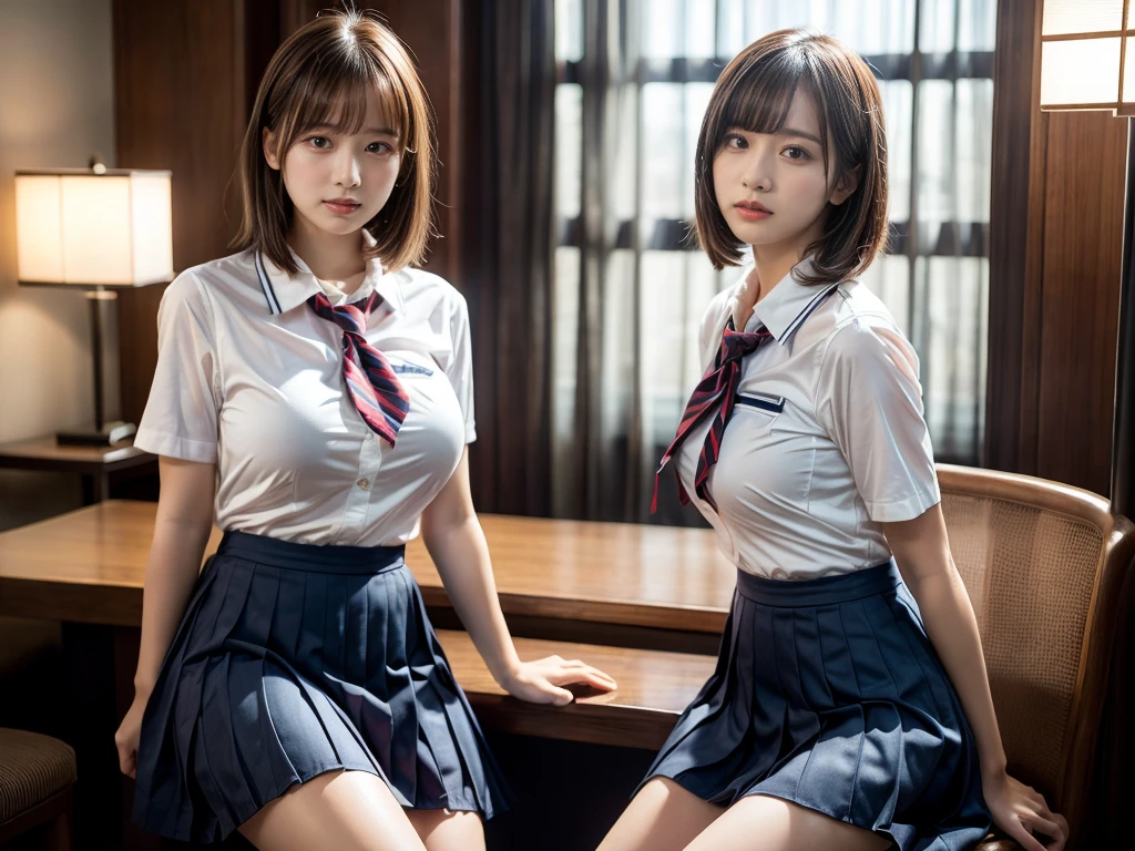 (RAW photo, 4k, masterpiece, high resolution, extremely complex) (realistic: 1.4), cinematic lighting
((2 girls, 2 schoolgirls)),Slam Dunk's,blushing,((innocent)),bright eyes,round eyes,blunt bangs,(short bob hair:1.3),black hair,large breasts,wide hips,Summer Noon, ,Hot, (Best Quality), (Highres), (an Extremely Delicate and Beautiful),(Beautiful 8k face),(Brown eyes),( spectators),(gigantic breasts),(Play with each other,Touching each other's bodies,Touching the body),(Japanese high school uniform:1.3),blue skirt,(reality),bright lighting,(The background is a luxury hotel room)