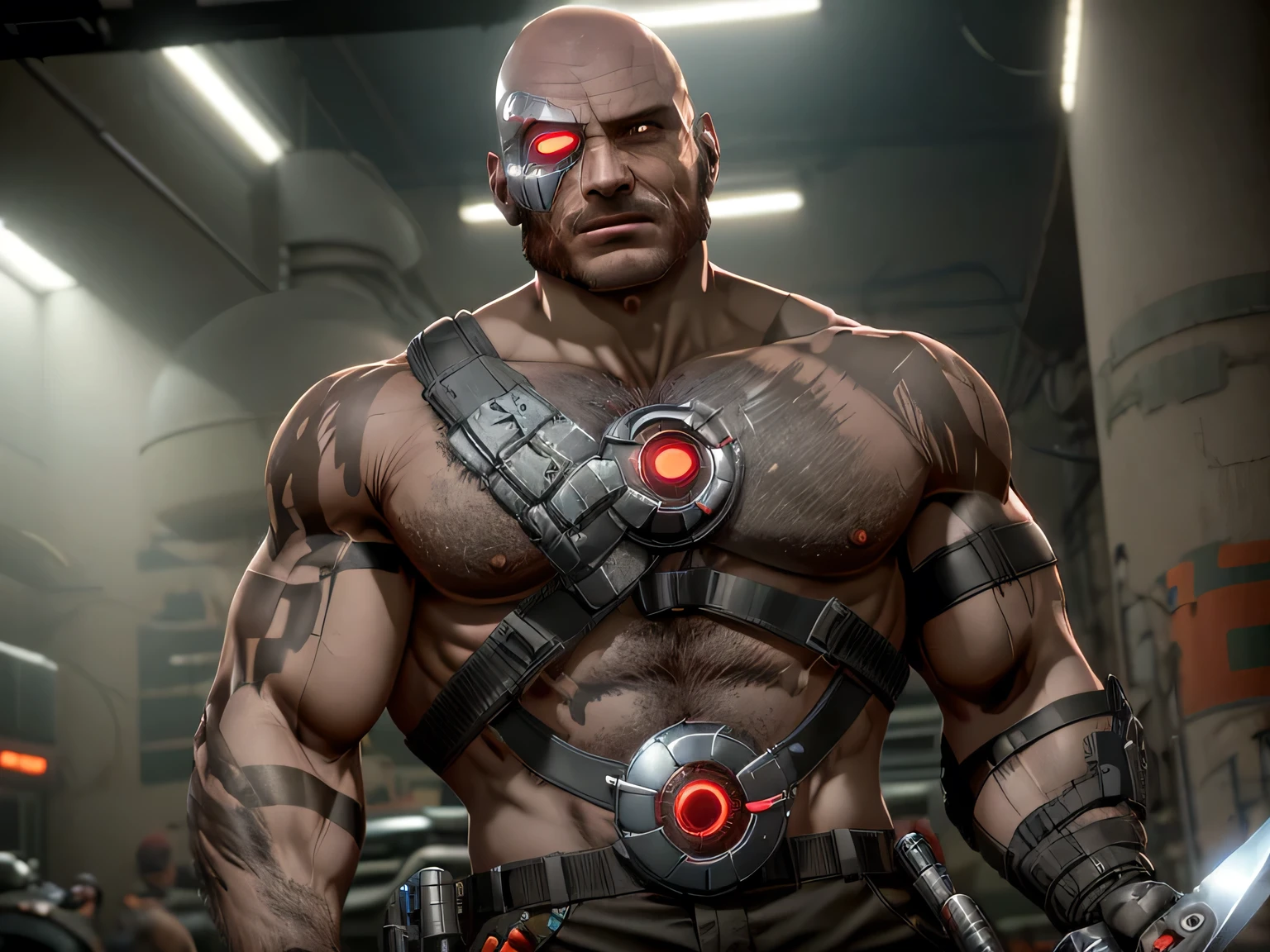 (Kano), 1man , solo, cyborg, (right metal Cybernetic eye), shirtless, bald, (reactor on the chest), hairy chest, tatoo on the left shoulder and left arm, gritting teeth, (holding a knife), black pants with straps, (harnesses), indoors, badass, upper body shot, fighting stance