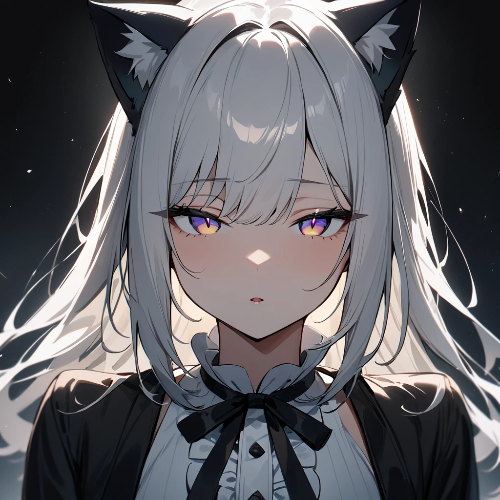 1girl,Cat ear,Slit pupil,masterpiece,best quality, very aesthetic,absurdres,highlight,center frills,cat ear,medium shot,looking at viewer,half closed eyes,front view,Parted lips,kiss,straight-on,White hair,imminent kiss