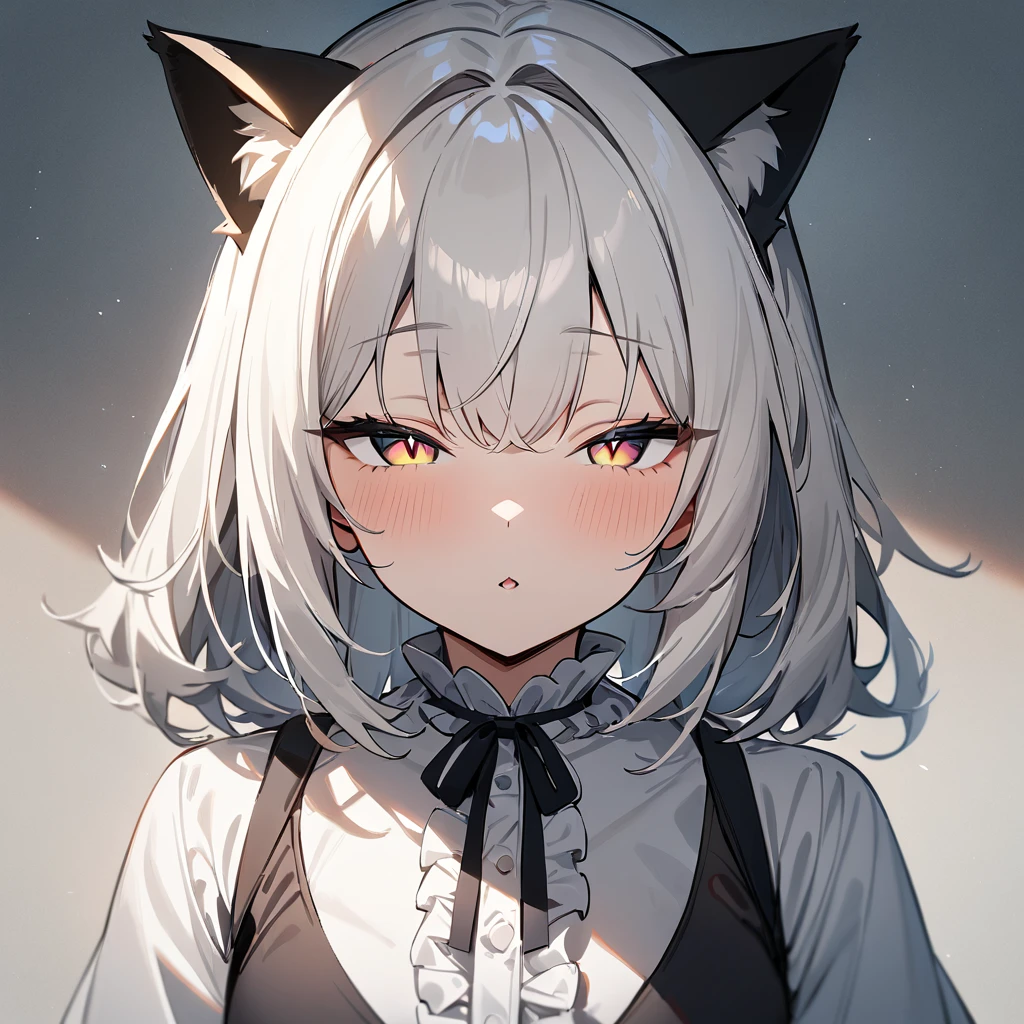1girl,Cat ear,Slit pupil,masterpiece,best quality, very aesthetic,absurdres,highlight,center frills,cat ear,medium shot,looking at viewer,half closed eyes,front view,Parted lips,kiss,straight-on,White hair,imminent kiss