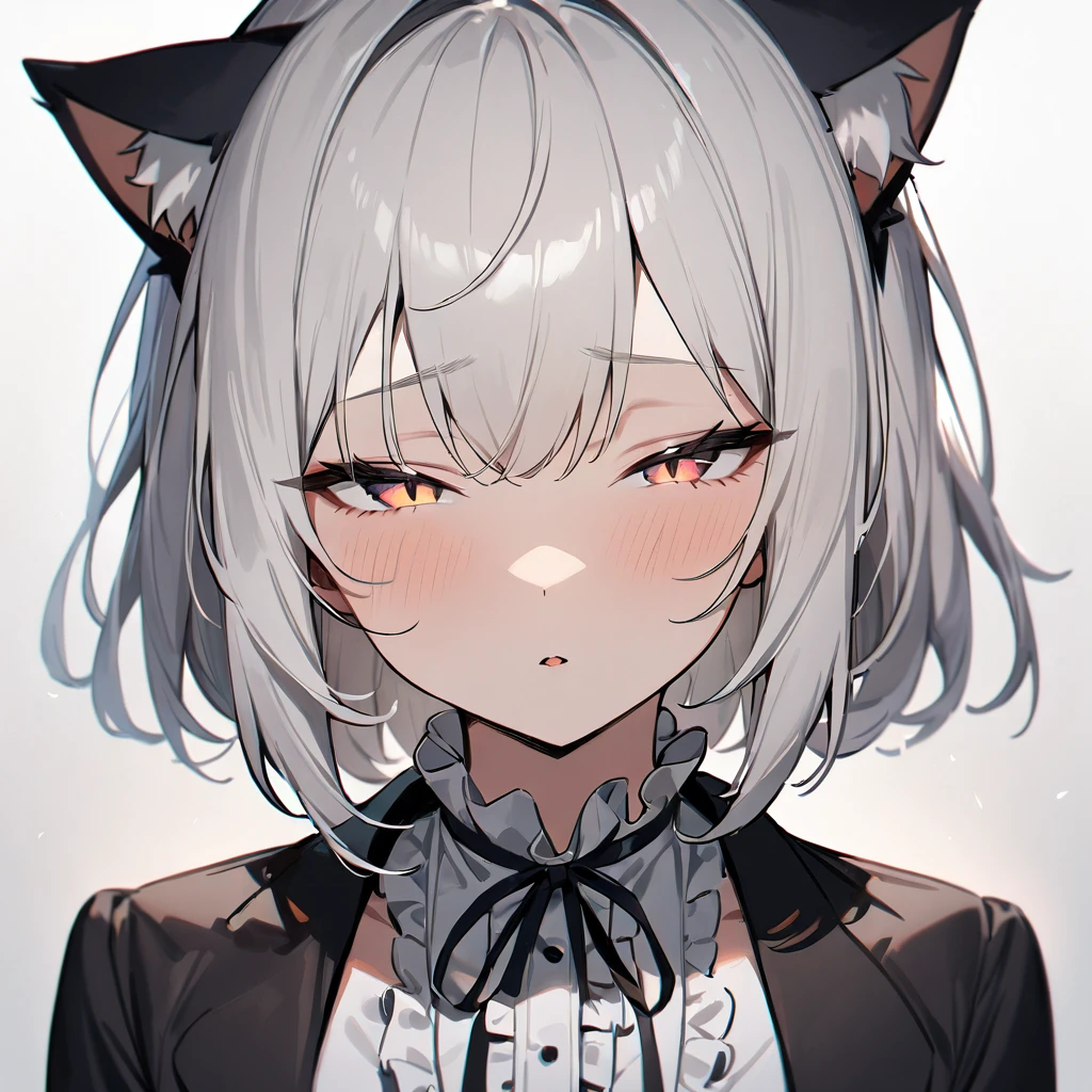 1girl,Cat ear,Slit pupil,masterpiece,best quality, very aesthetic,absurdres,highlight,center frills,cat ear,medium shot,looking at viewer,half closed eyes,front view,Parted lips,kiss,straight-on,White hair,imminent kiss