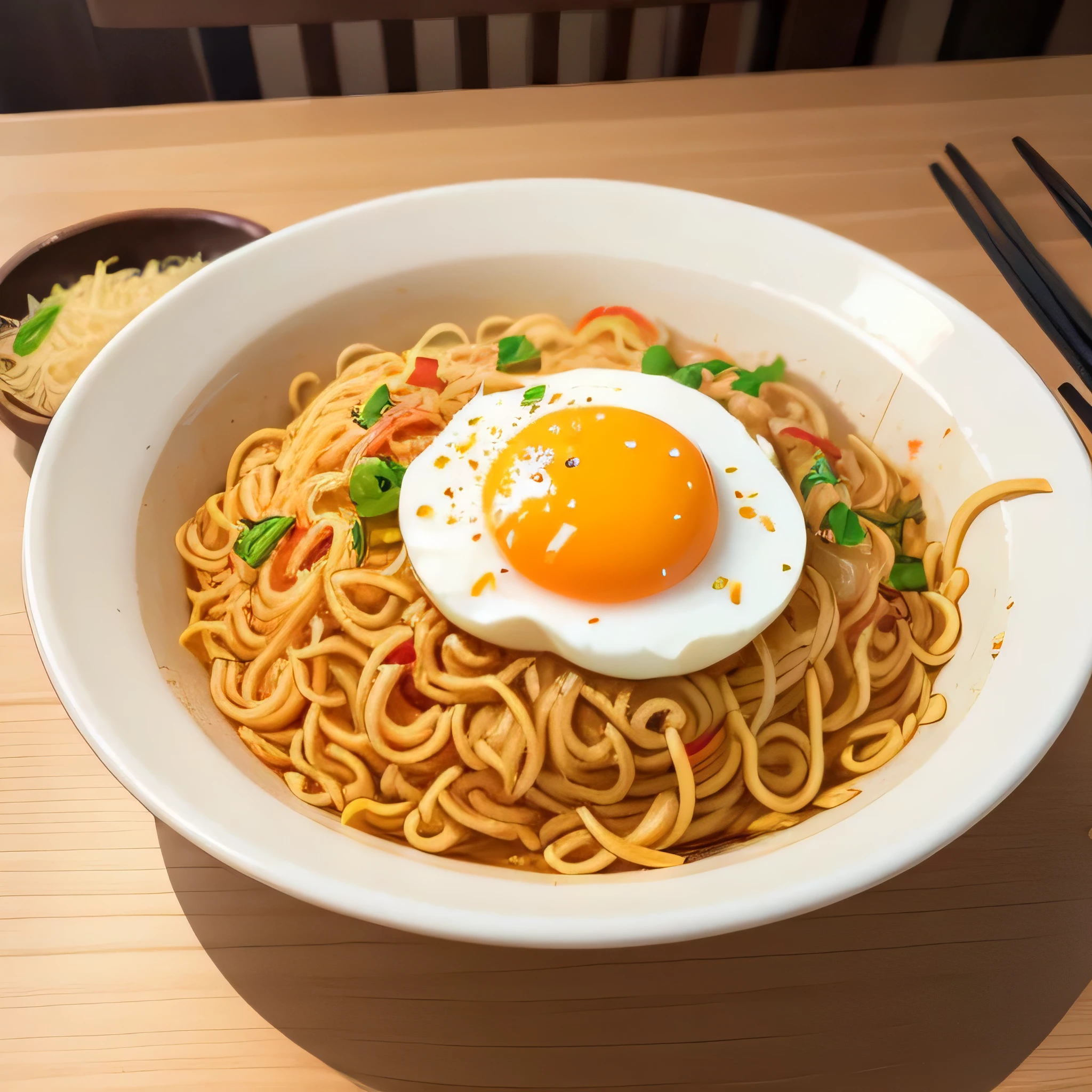 Best quality, masterpiece, instant fried noodle, egg