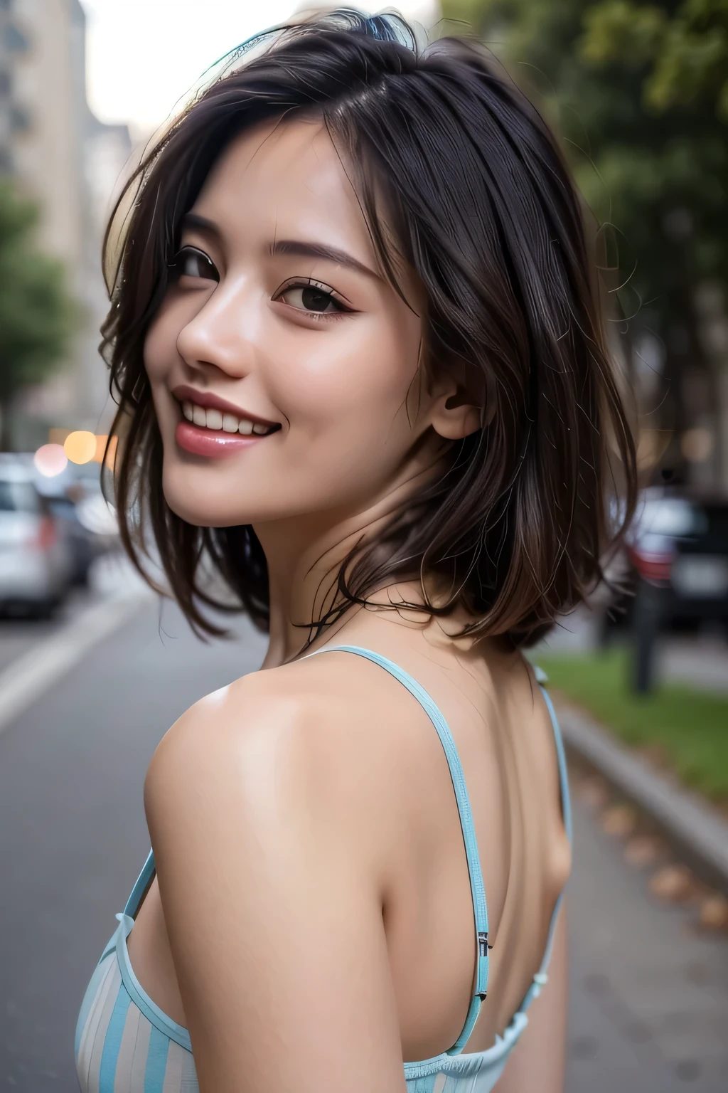 (8k, RAW Photos, highest quality, masterpiece, Realistic, Realistic), (1 female), (Ultimate beauty), Highly detailed face, (Perfect Teeth), Beautiful Eyes, double eyelid, eyelash, smile, Lip details, (Neat brunette bob), The light shines on your face, Big Breasts, ((Colorful mini dresses)), (front view), (background: none),  Background blur