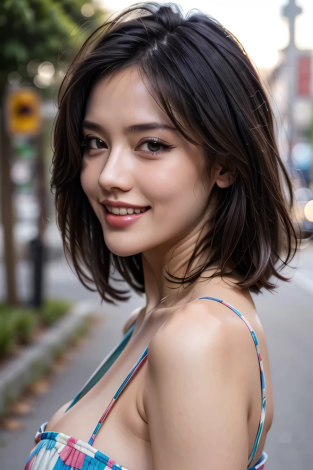 (8k, RAW Photos, highest quality, masterpiece, Realistic, Realistic), (1 female), (Ultimate beauty), Highly detailed face, (Perfect Teeth), Beautiful Eyes, double eyelid, eyelash, smile, Lip details, (Neat brunette bob), The light shines on your face, Big Breasts, ((Colorful mini dresses)), (front view), (background: none),  Background blur