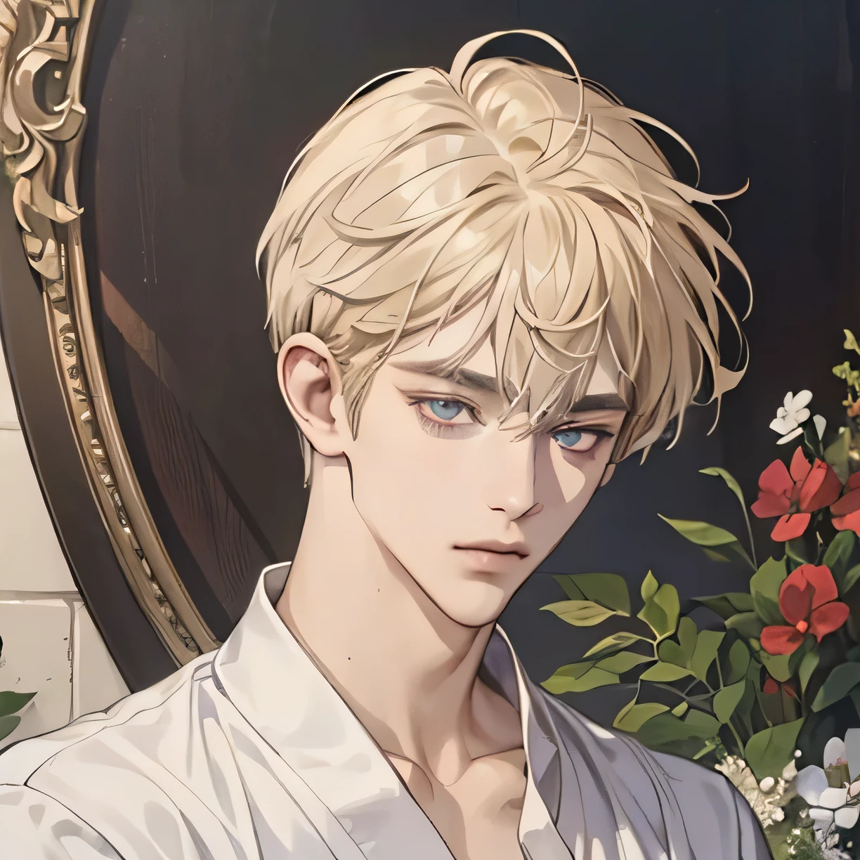 (extremely delicate and handsome:1.2), 8K,(masterpiece:1.0),(best_quality:1.0), 1 man, and intricate detailing, Enlarged textures, and intricate detailing, finely eye and detailed face, and intricate detailing, shiraga, blonde short hair, (closed mouths), Perfect eyes, tired eyes, Equal eyes, carolina eyes (A male god) with ancient priest clothing