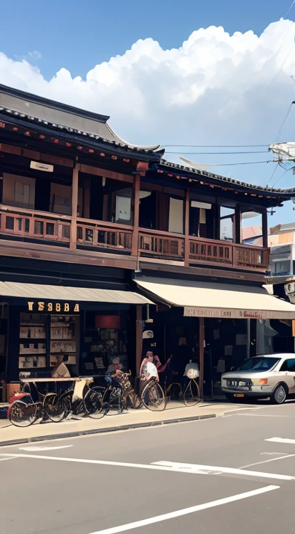 「YojiroGT」Make a town sign with the word、Shopping Street、Passengers、Old cars、Photorealistic、rewrite natural English and then use this prompt、