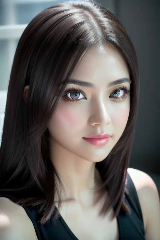 1 girl, beautiful detailed eyes, beautiful detailed lips, extremely detailed face, long eyelashes, flawless skin, fine hair, seductive expression, cleavage, tight fitting tank top, hot pants, single lens reflex camera, casual pose, detailed facial features, vivid colors, studio lighting, physically-based rendering, portrait, photorealistic, best quality, 8k, high resolution, masterpiece, ultra-detailed, HDR, UHD, sharp focus, professional, bokeh