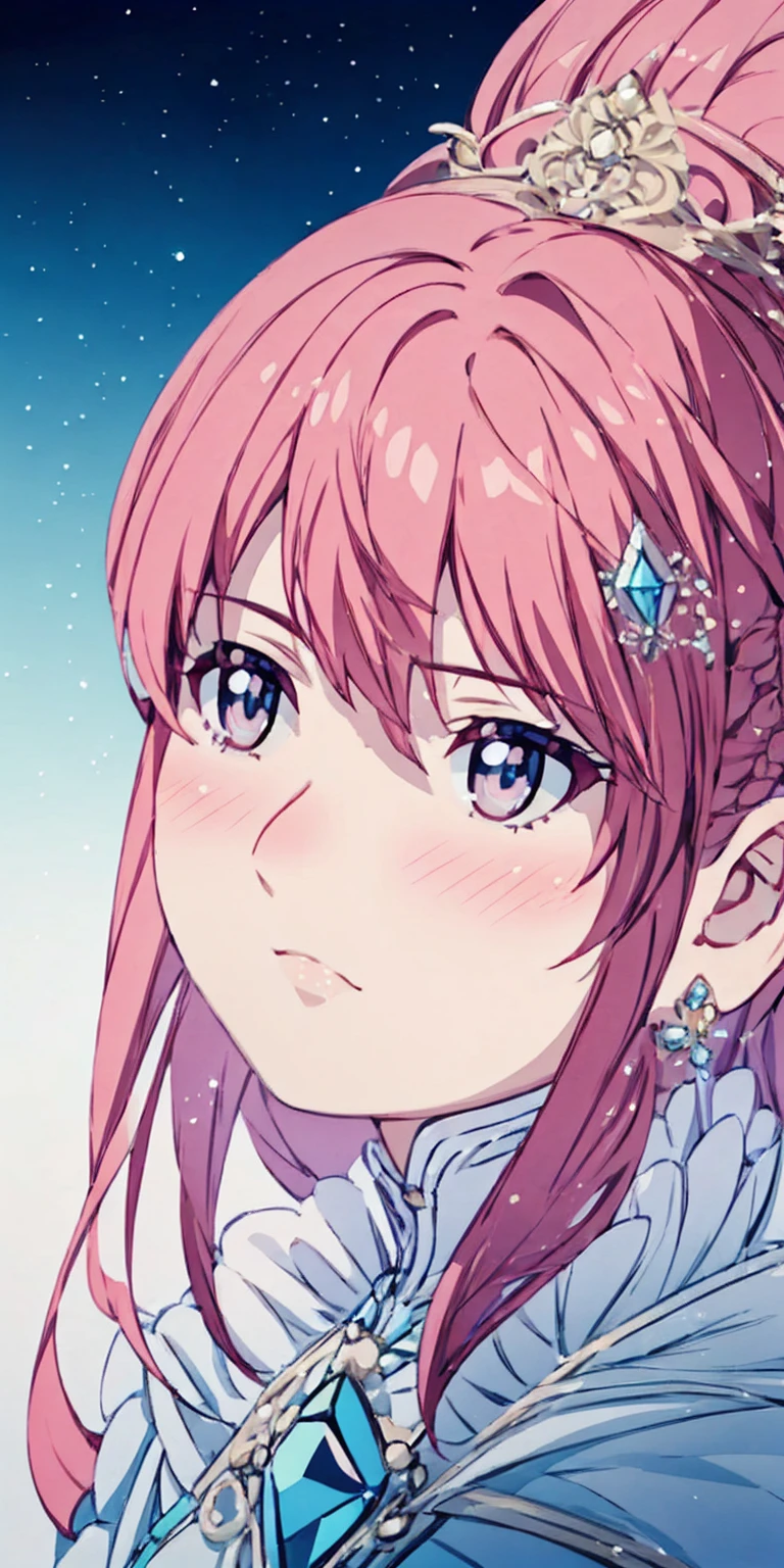 tmasterpiece,Highest high resolution,Beautiful bust of a royal lady,Delicate pink braided hair,Green clear eyes,The hair is covered with beautiful and delicate floral craftsmanship, Crystal jewelry filigree,Ultra-detailed details,upscaled。Soft lighting