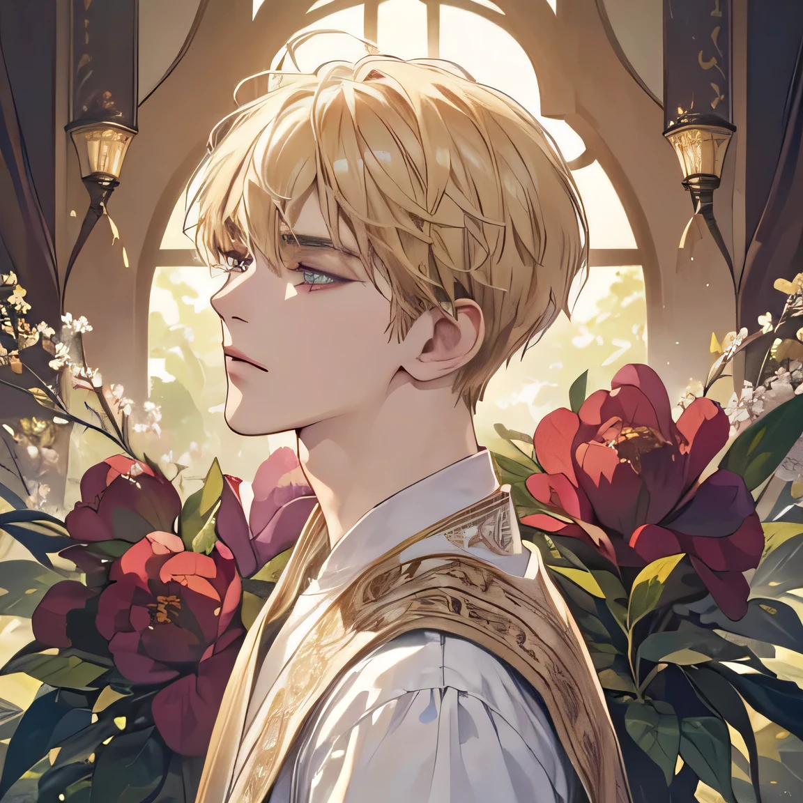 (extremely delicate and handsome:1.2), 8K,(masterpiece:1.0),(best_quality:1.0), 1 man, and intricate detailing, Enlarged textures, and intricate detailing, finely eye and detailed face, and intricate detailing, shiraga, blonde short hair, (closed mouths), Perfect eyes, tired eyes, Equal eyes, carolina eyes (A male god) with ancient priest clothing