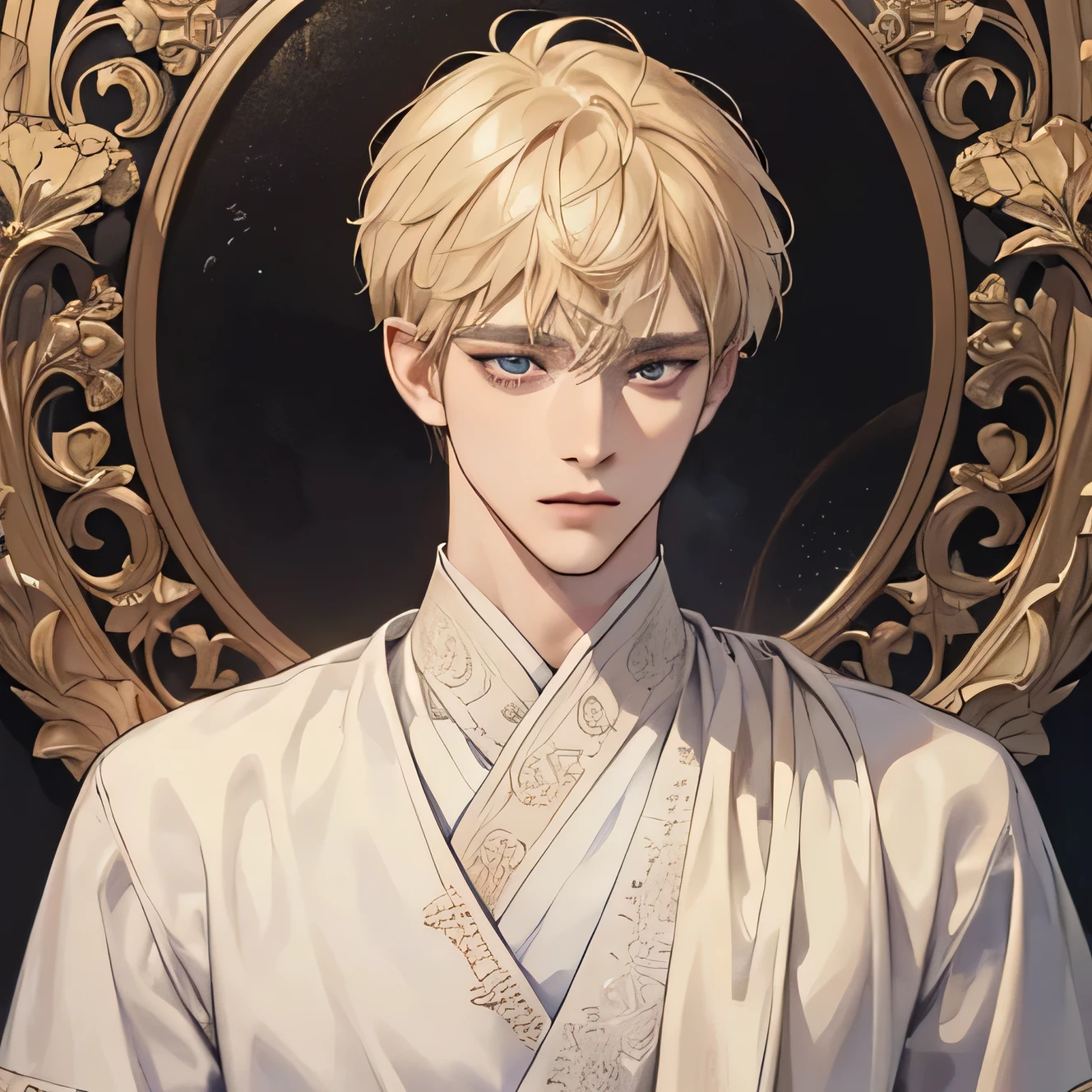 (extremely delicate and handsome:1.2), 8K,(masterpiece:1.0),(best_quality:1.0), 1 man, and intricate detailing, Enlarged textures, and intricate detailing, finely eye and detailed face, and intricate detailing, shiraga, blonde short hair, (closed mouths), Perfect eyes, tired eyes, Equal eyes, (A male god) with ancient priest clothing