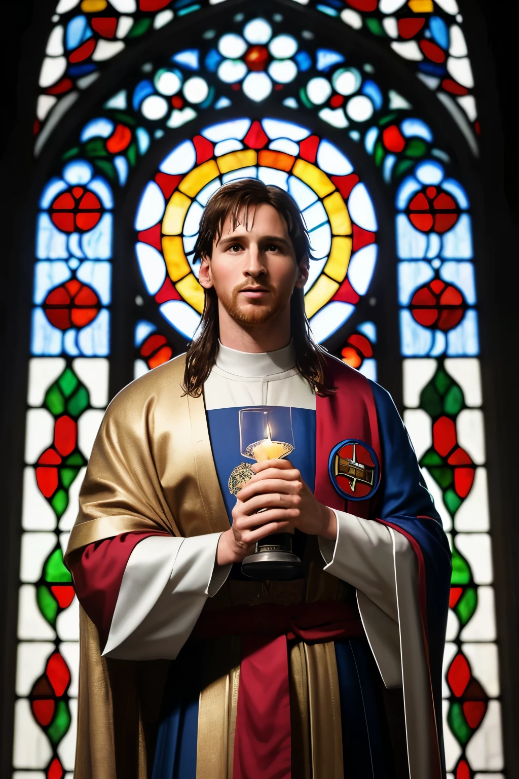 ((best quality)), ((masterpiece)), (detailed), perfect face an image of Lionel Messi dressed as a patron saint. The image is for printing on a tall glass candle holder. Sourrong the character with classic stained glass designs. make him facing directly forward. Show from the waist till head.