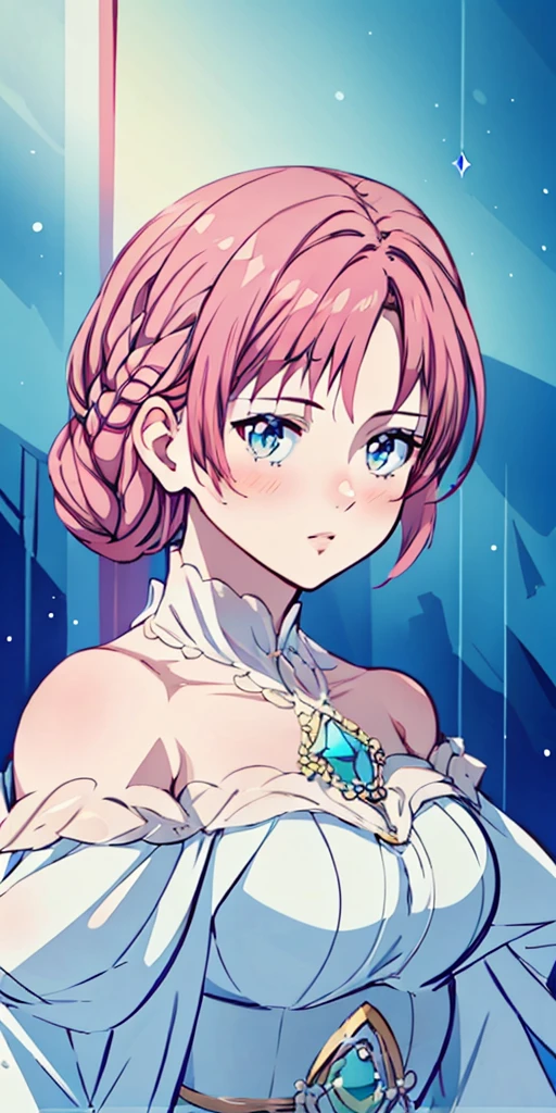 tmasterpiece，Highest high resolution，Beautiful bust of a royal lady，Delicate pink braided hair，Green clear eyes，The hair is covered with beautiful and delicate floral craftsmanship, Crystal jewelry filigree，Ultra-detailed details，upscaled。Soft lighting